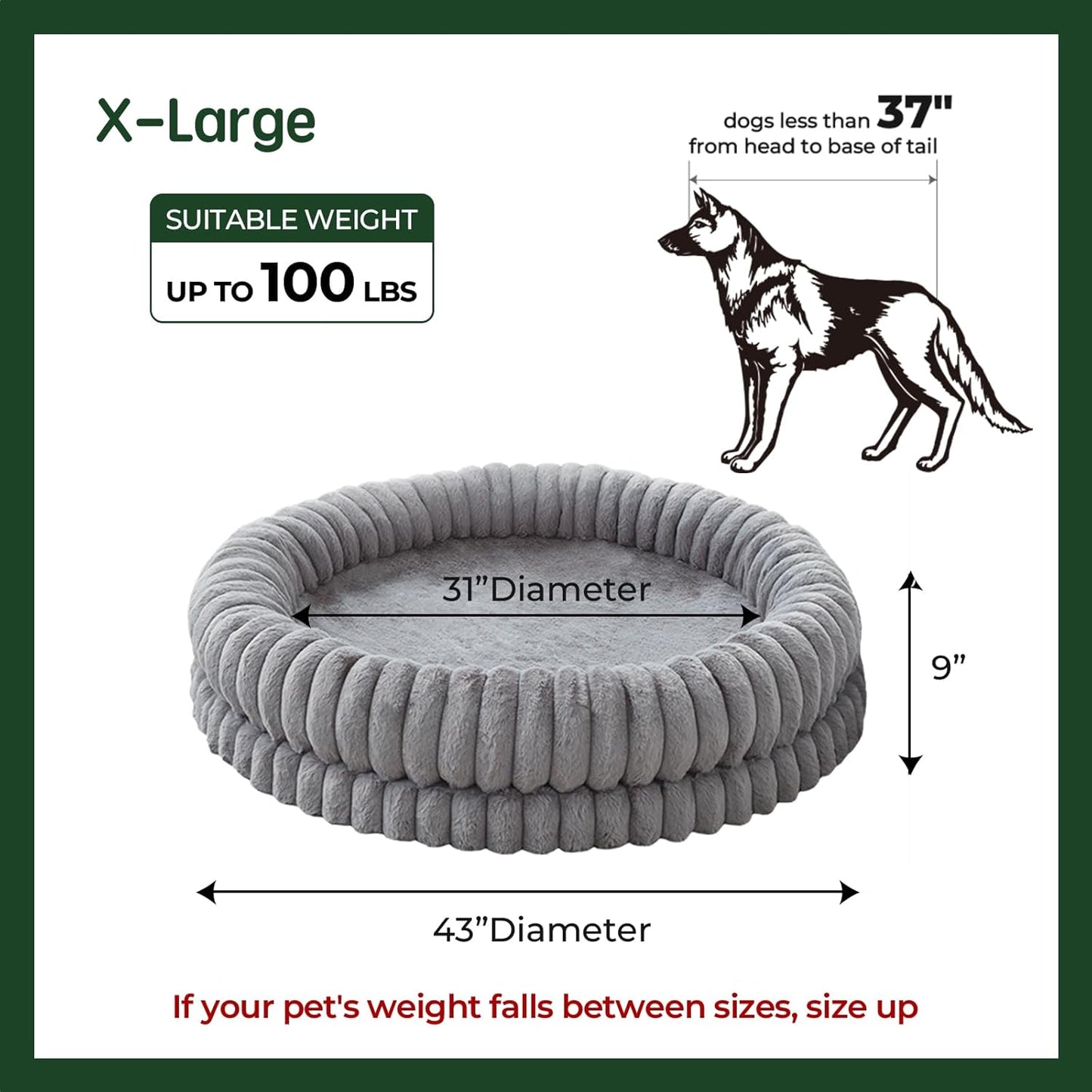 BALANCE Luxury Donut Dog Bed, 43 Inches Round Dog Beds Large Sized Dogs Washable, Orthopedic Calming Dogs Bed for Pets with Anti-Slip Bottom, Gray