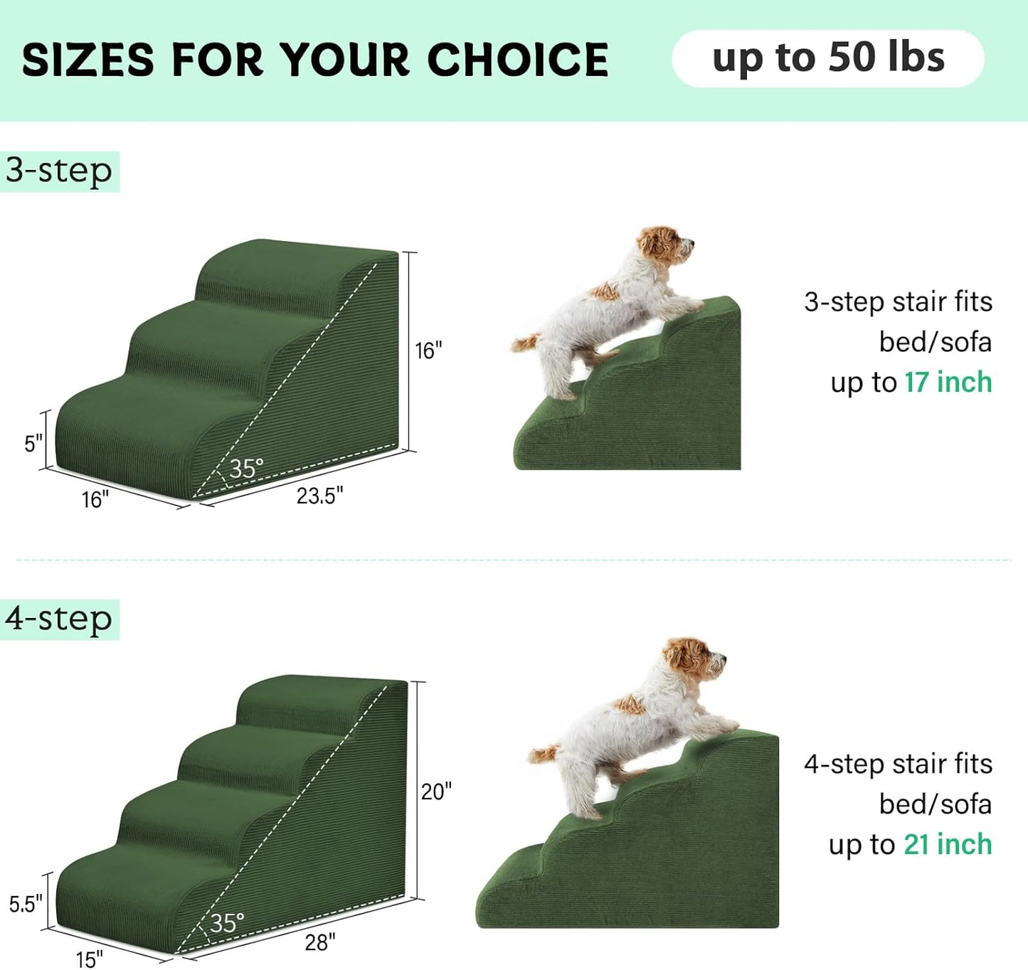 Dog Steps for Small Dogs, 4-Step Pet Ramp Stairs for High Beds and Sofa, Non-Slip Pet Stairs for Small Dogs and Cats, Removable and Easy to Clean Cover, Green