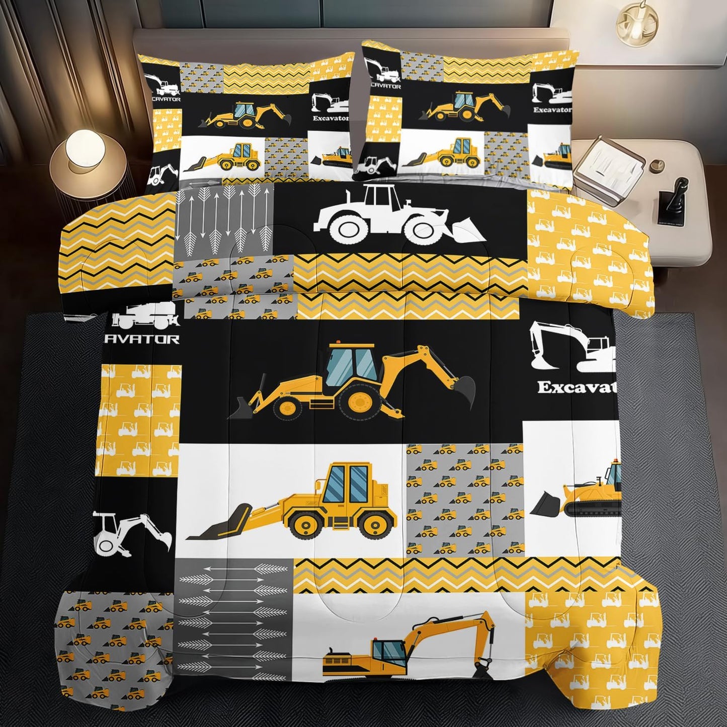 Construction Comforter Set Full Boys,Yellow Full Construction Bedding Set,Engineering Vehicles Comforter Yellow Bedroom Decor Kids,Truck Quilt Cartoon Truck Bedding for Teen