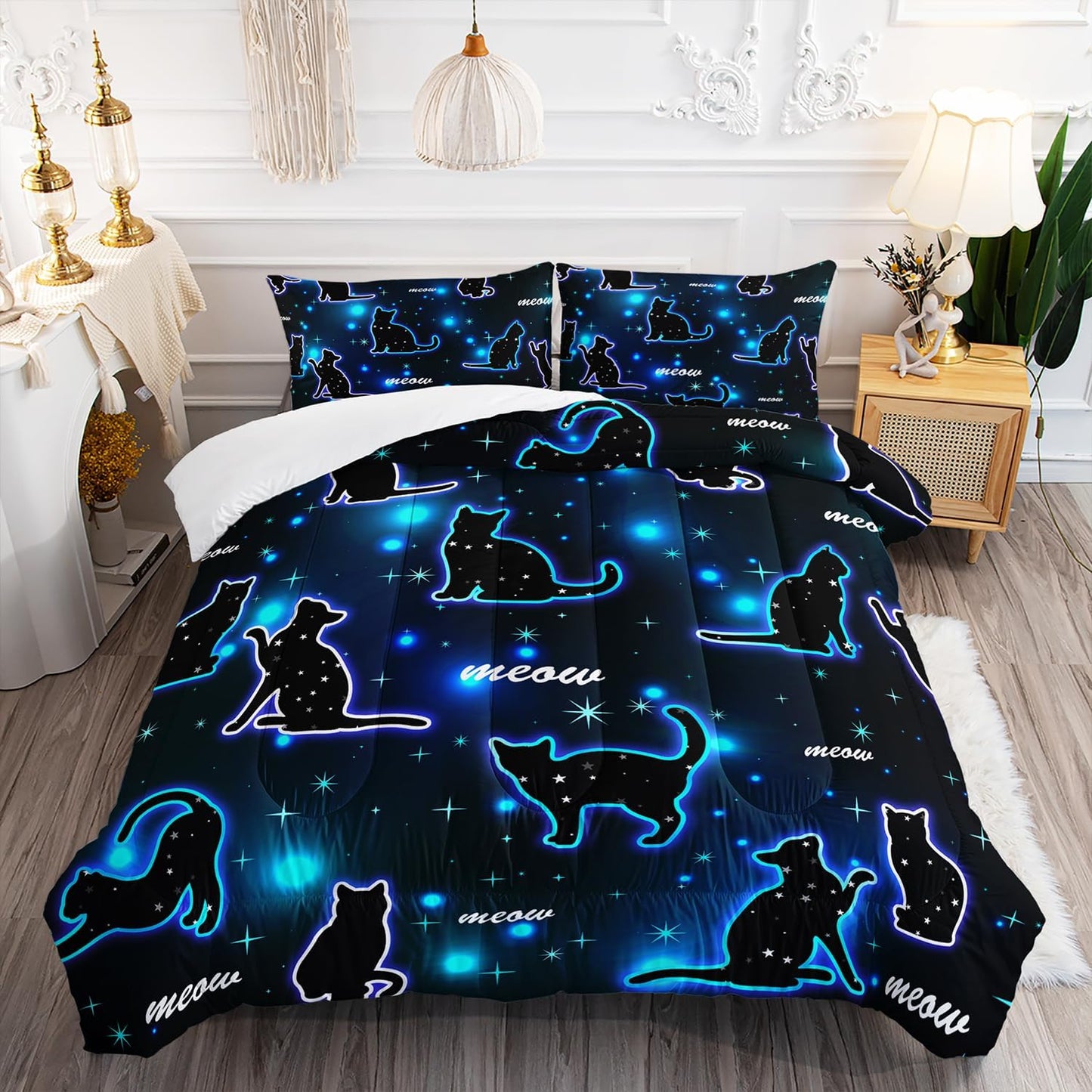 Kawaii Pet Cat Comforter 3Pcs Queen Gradient Line Cute Kitten Animal Bedding Set for Kids Teens Girls Boys Cat Glitter Polka Dots Pattern Quilt Bed Decor with 1 Comforter and 2 Pillowcases