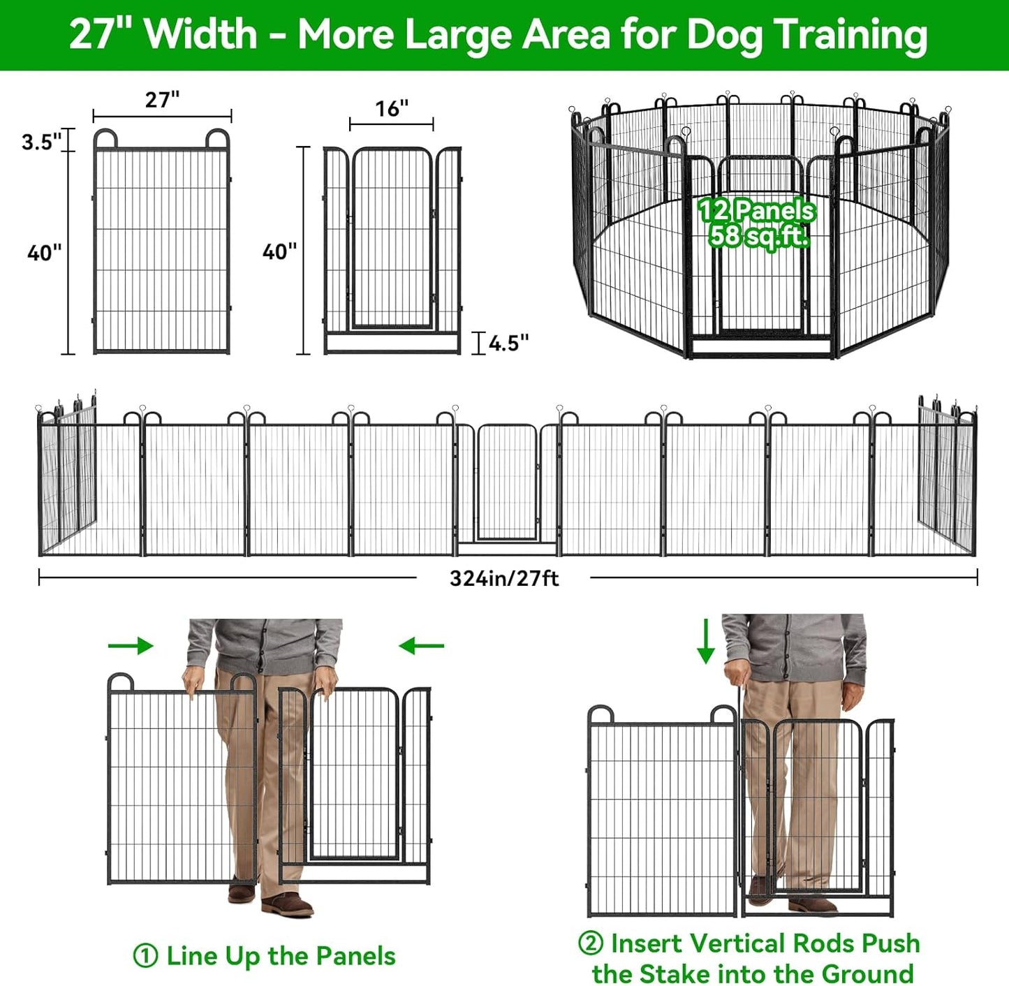 Dog Playpen Outdoor 12 Panels Heavy Duty Dog Fence 40" Height Anti-Rust with Doors Portable for RV Camping Yard, Total 27FT, 58 Sq.ft, Snowy Black
