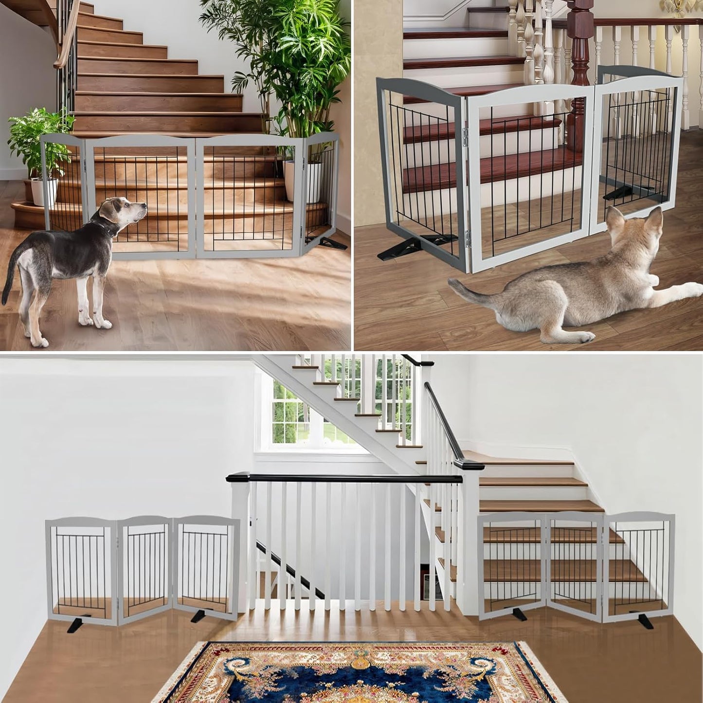 ZJSF Freestanding Dog Fence Indoor, Foldable Dog Gate for Doorways, Stairs or Hallways, Sturdy Wood Extra Wide Pet Gate with Support Feet for The House, Grey, 24 "Height-4 Panels