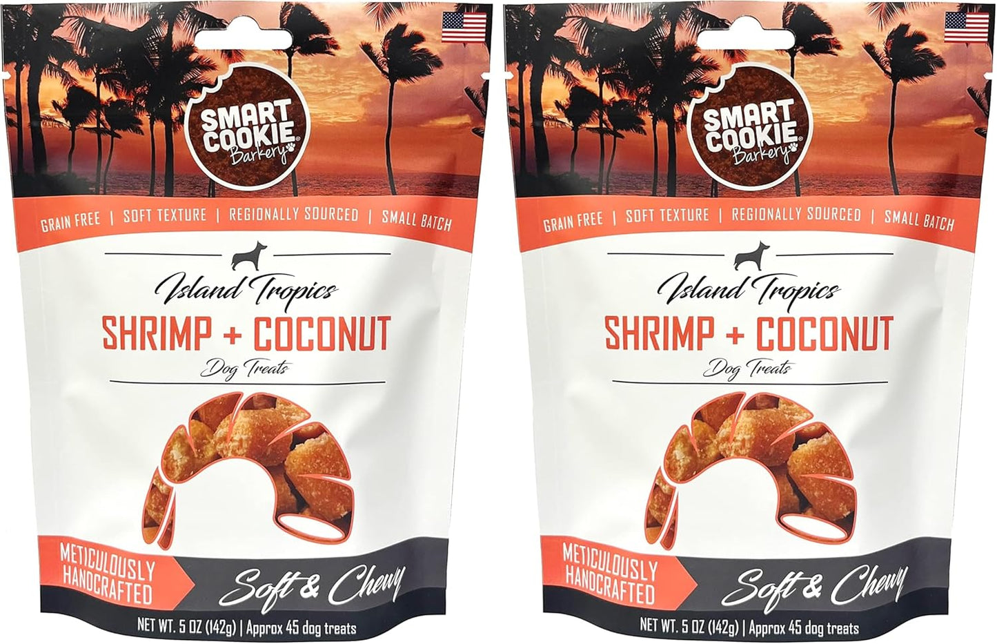Smart Cookie All Natural Soft Dog Treats - Shrimp & Coconut - Healthy Dog Treats for Allergies, Sensitive Stomachs - Chewy, Grain Free, Human-Grade, Made in The USA - 5oz Bag, 2 Pack