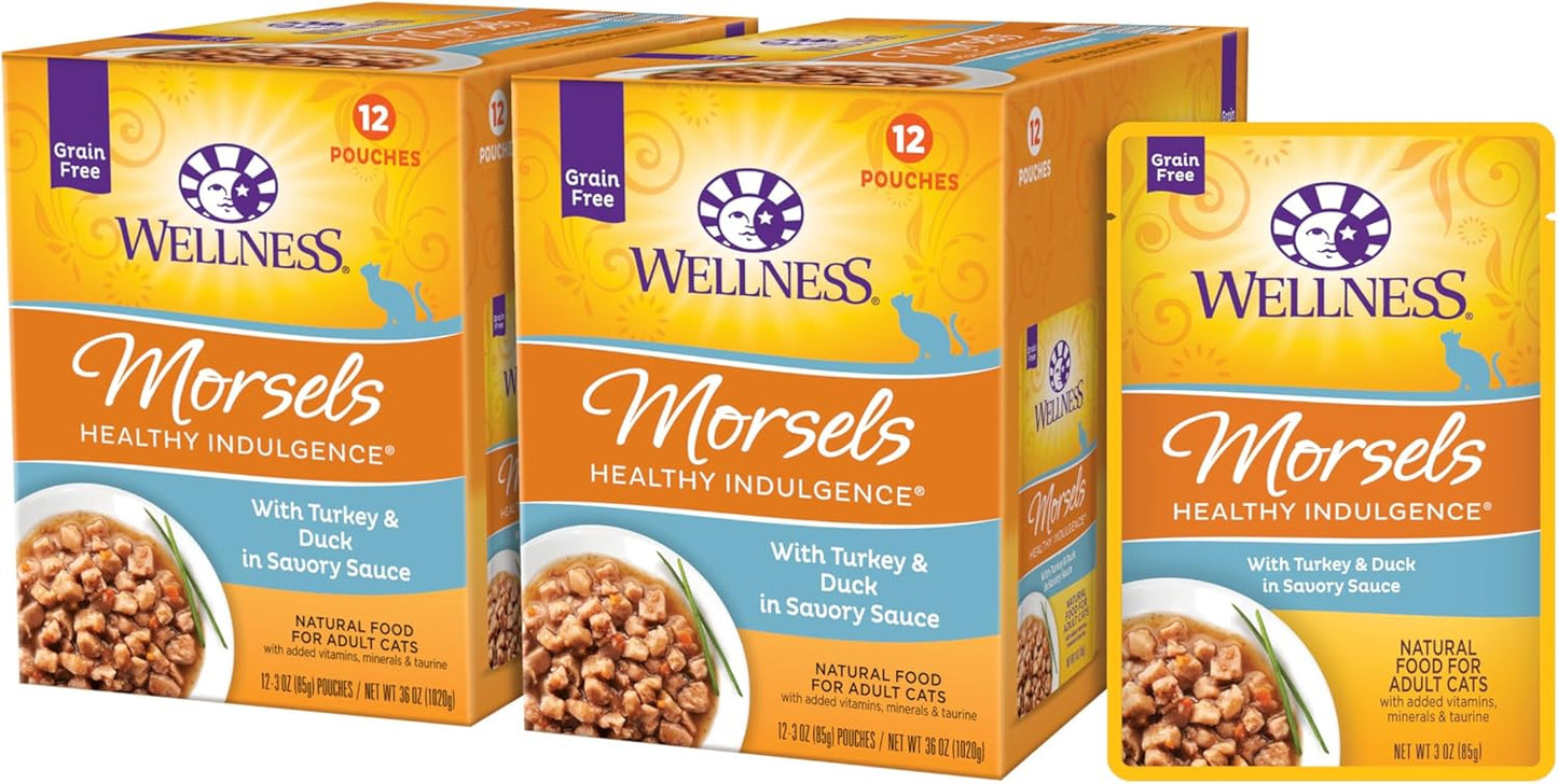 Wellness Healthly Indulgence Morsels Adult Wet Cat Food, Natural, Protein-Rich, Grain Free, 3 Ounce Pouch, 24 Pack, (Turkey & Duck)