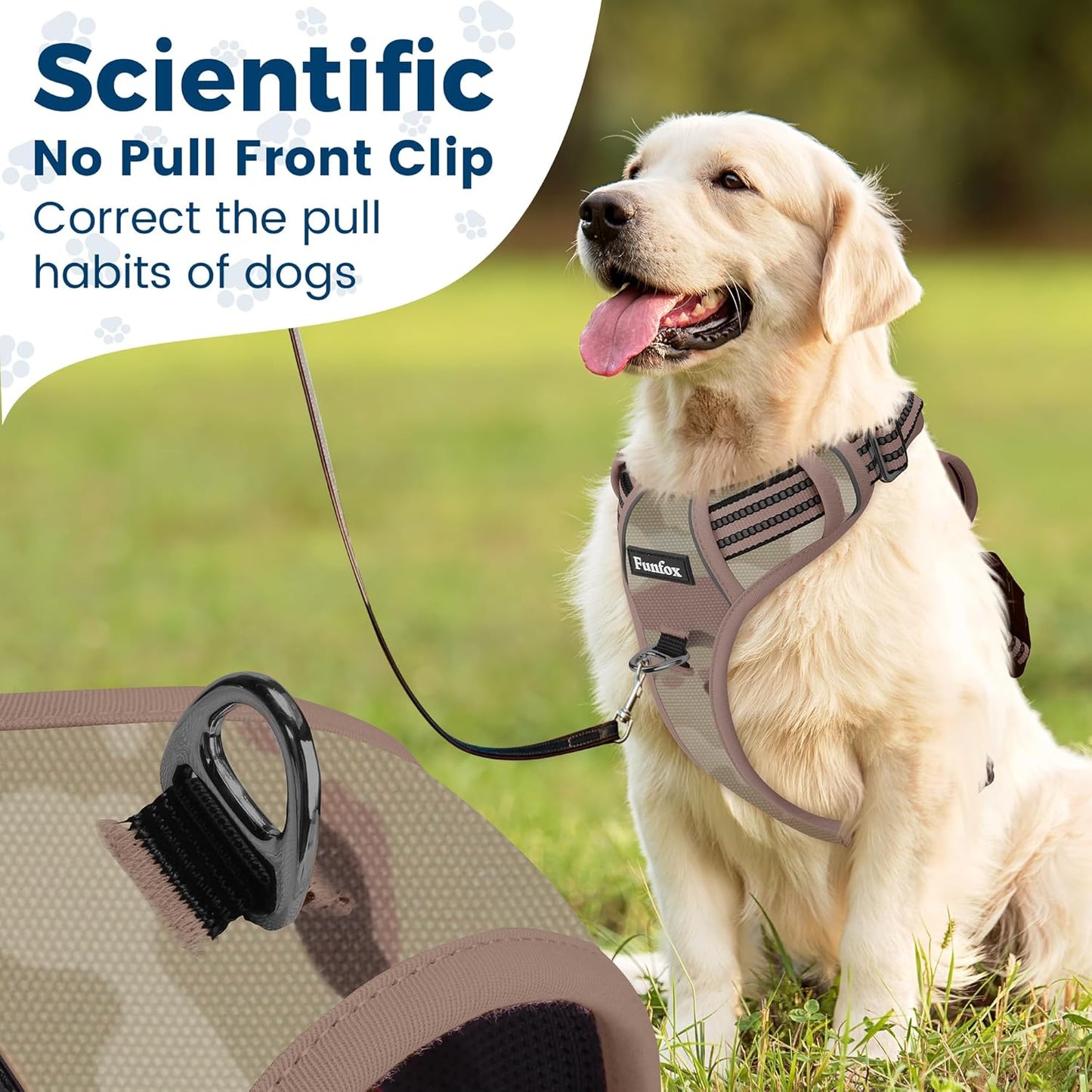 Funfox Dog Harness No Pull, Adjustable Pet Vest Harness, Super Soft Material with Vertical Handle Easy Control, Reflective Night Walking, 2 Leash Clips for Large Dogs, Camo Brown, L