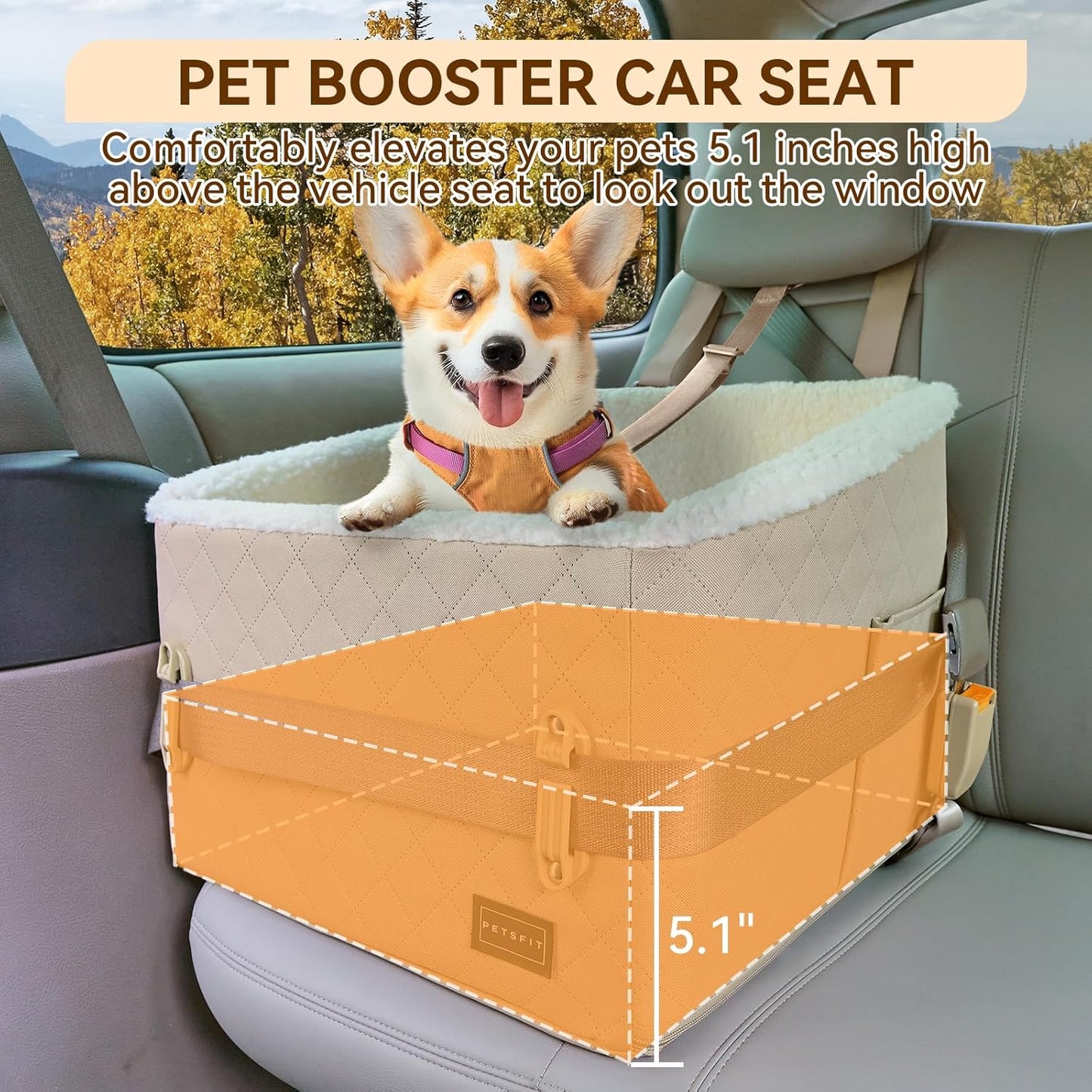 PETSFIT Small Dog Booster Car Seat, Soft Foam Puppy Carseat with Patented Safety Buckles, Storage Pockets and Detachable Clip-On Safety Leash, Dog Car Booster Seat for Medium Pet Under 30 LBS (Khaki)