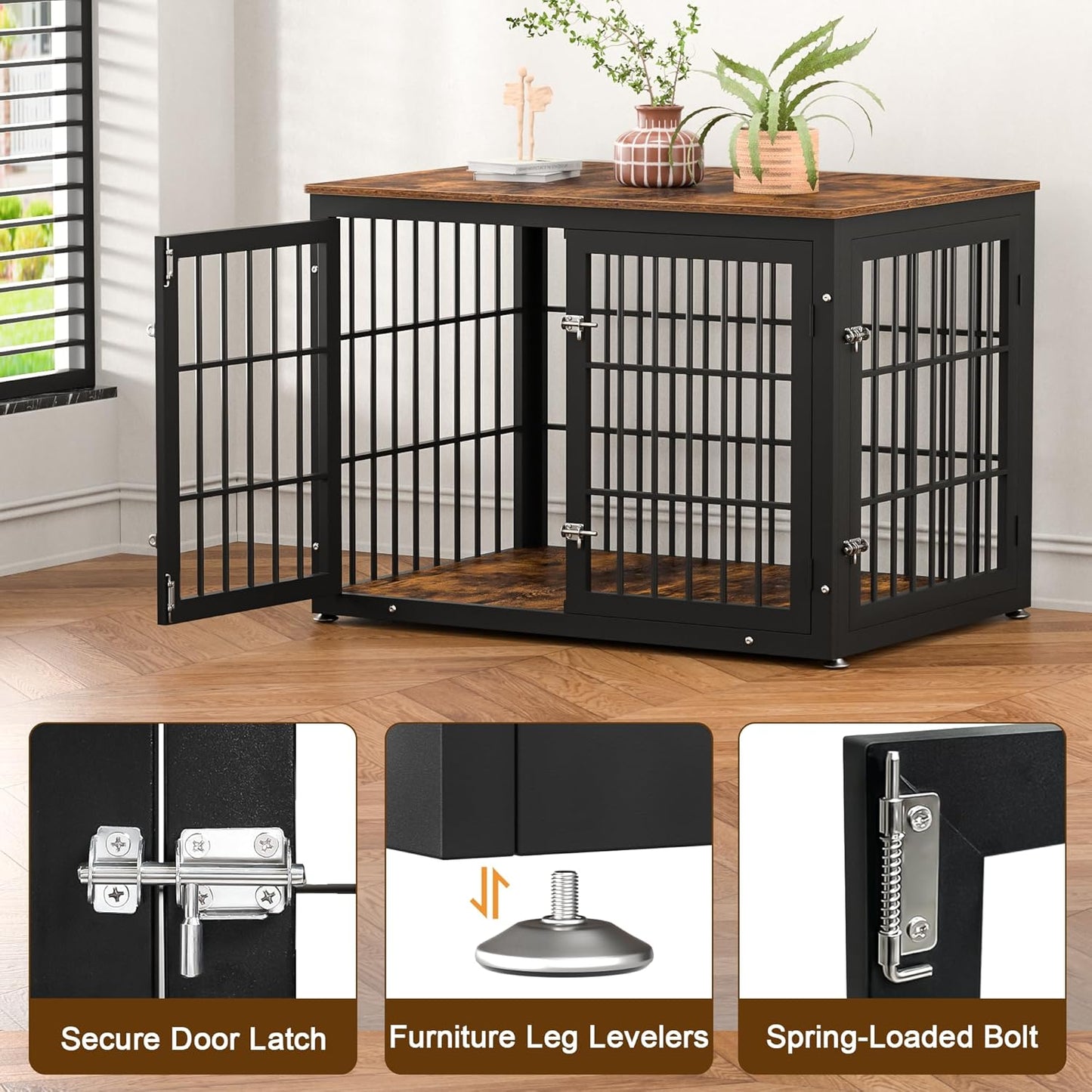 42 Inch Heavy Duty Dog Crate Furniture for Large and Medium Dogs, Decorative Pet House End Table, Wooden Cage Kennel Furniture Indoor, Rustic Brown