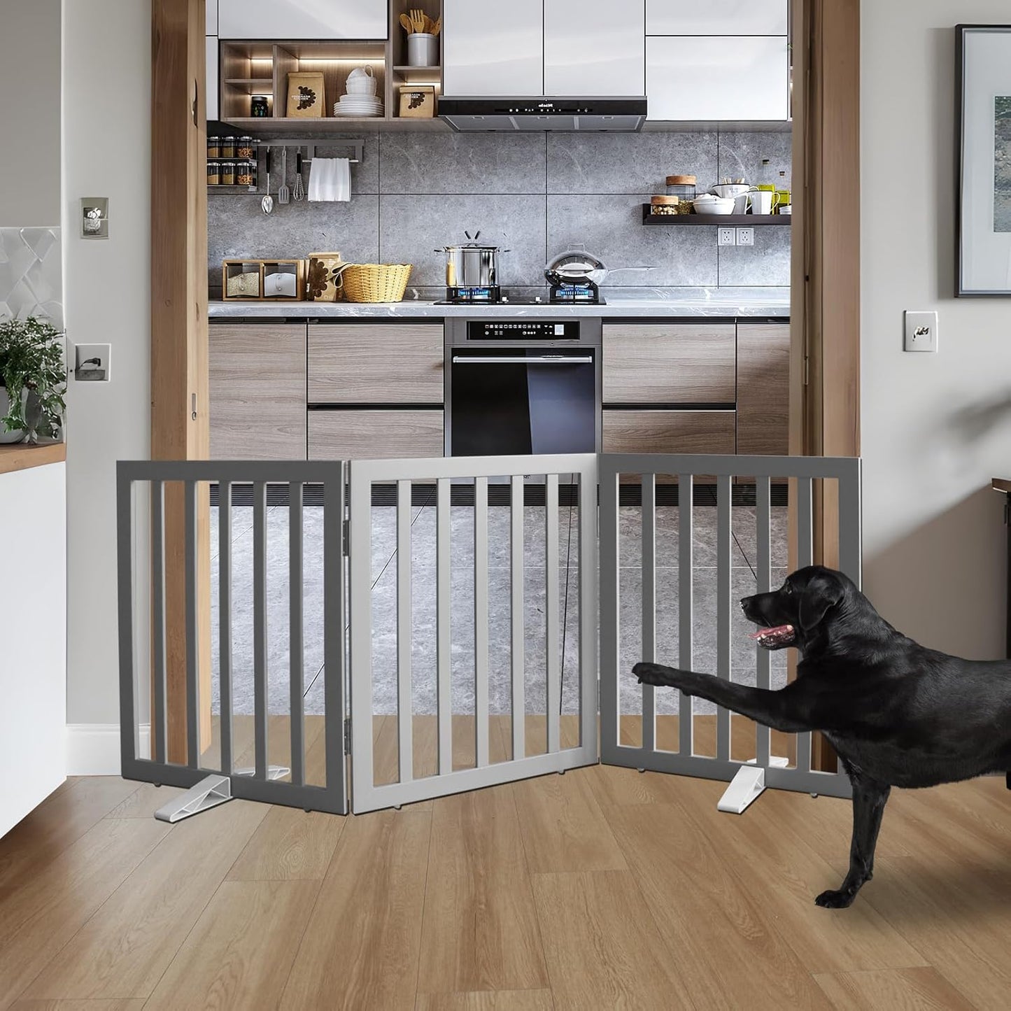 ZJSF Freestanding Indoor Dog Gate for House Foldable Wood Puppy Gate for Doorways Pet Gate for Stairs Extra Wide Pet Fence, Grey, 24" Height 3 Panels
