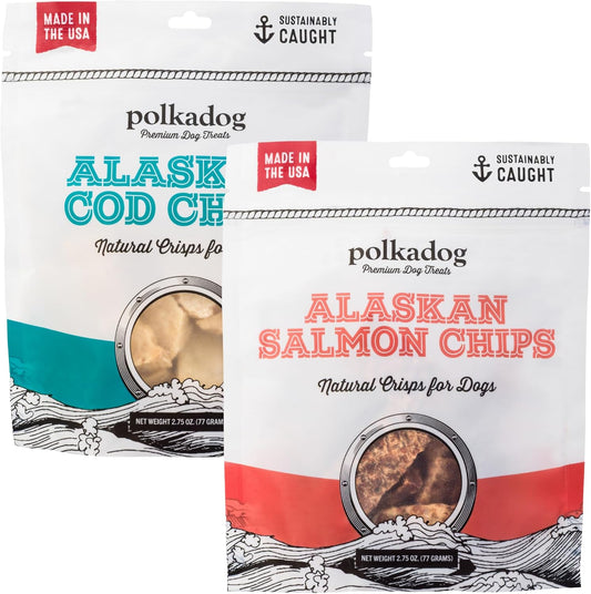 Polkadog Crunchy Alaskan Cod & Salmon Chips Variety 2-Pack – Single Ingredient Dog Treats – All Natural, Grain-Free, Lean Protein & Omega-3 Rich Snacks for Dogs – Made in USA - 2.75 oz (Pack of 2)