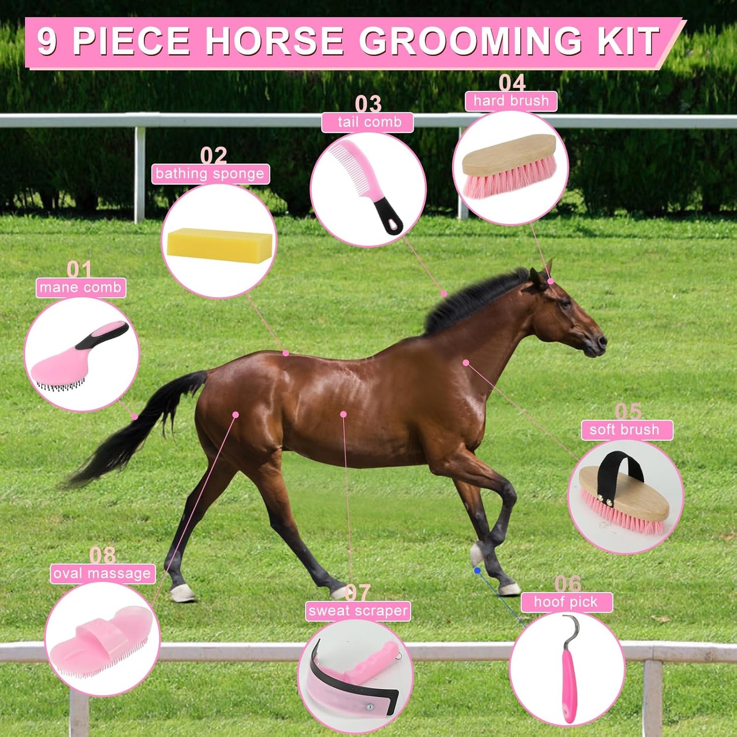 Horse Grooming Kits, 9 Pieces Pink, Includes Tote Bag, Bathing Supplies Sweat Scraper Bathing Sponge, Hoof Pick, Curry Comb for Horse Riders Beginners