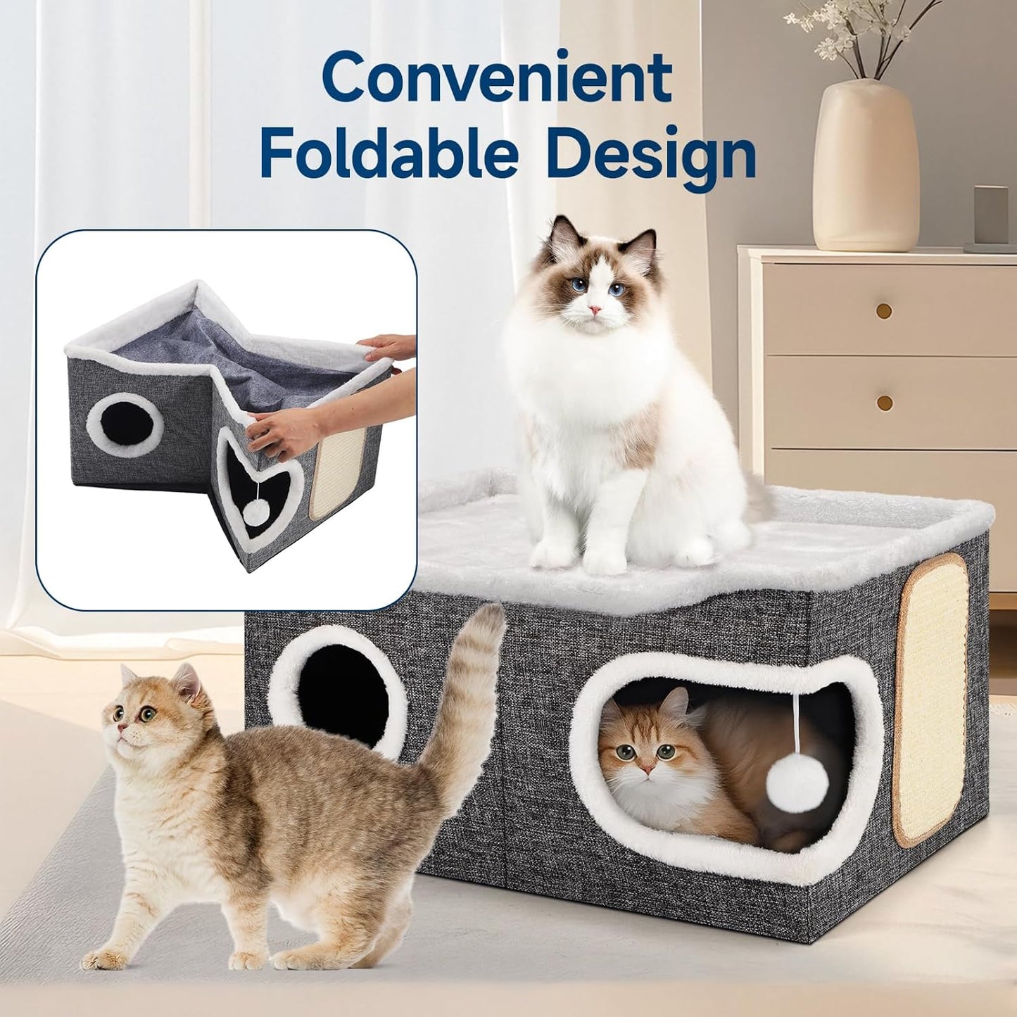 Cat Beds for Indoor Cats, Extra Wide Cat Cube House for Multi Cats, Foldable Cat Cave Hideaway with Arc-Edge Design & Oval Door, Double-Side Soft Cushion for All Seasons, 24"L x 17.7"D x 12.6"H, Grey