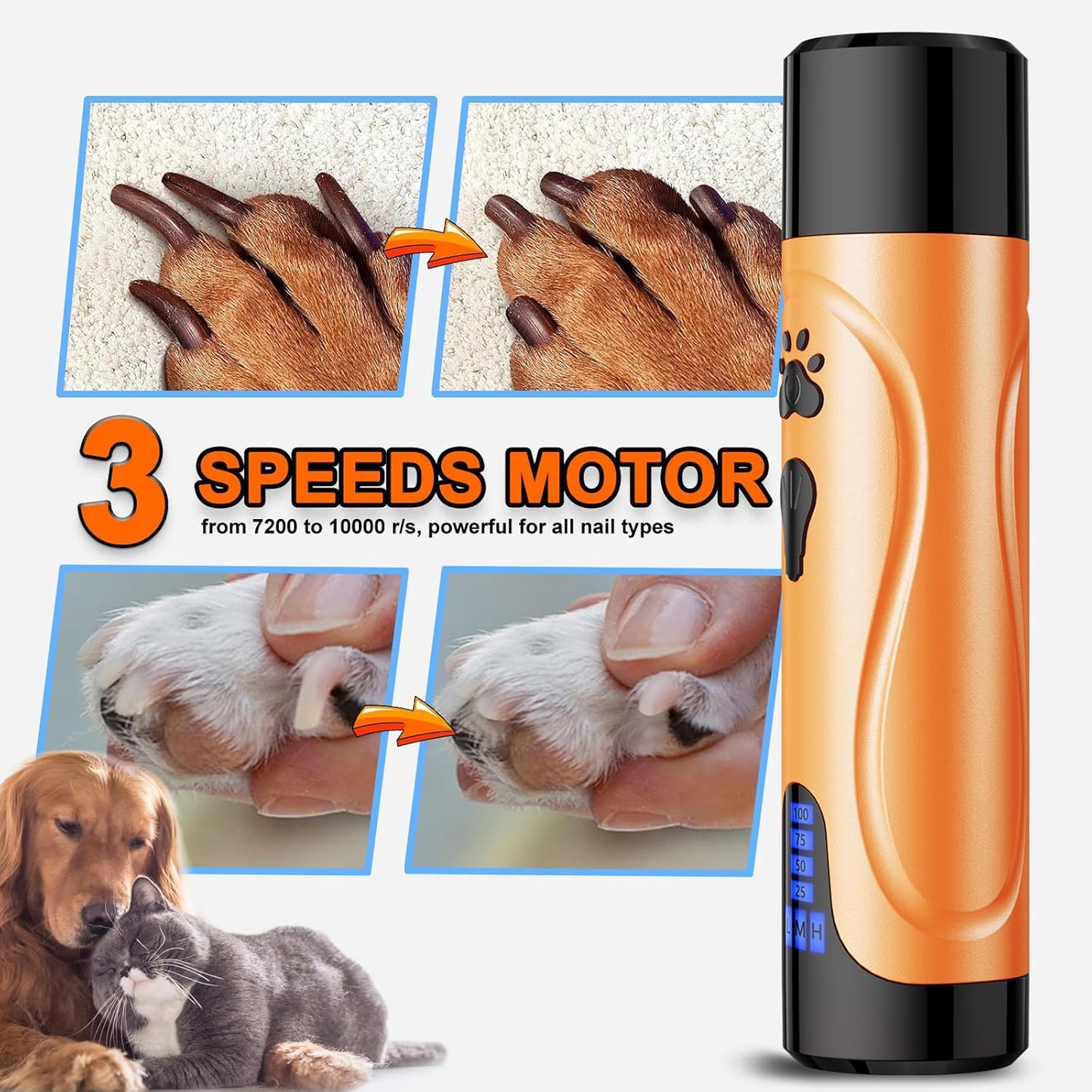 YABIFE Dog Nail Grinder, Dog Nail Trimmers and Clippers Kit, Super Quiet, Rechargeable, for Small Large Dogs Cats Toenail Claw Grooming,3 Speeds