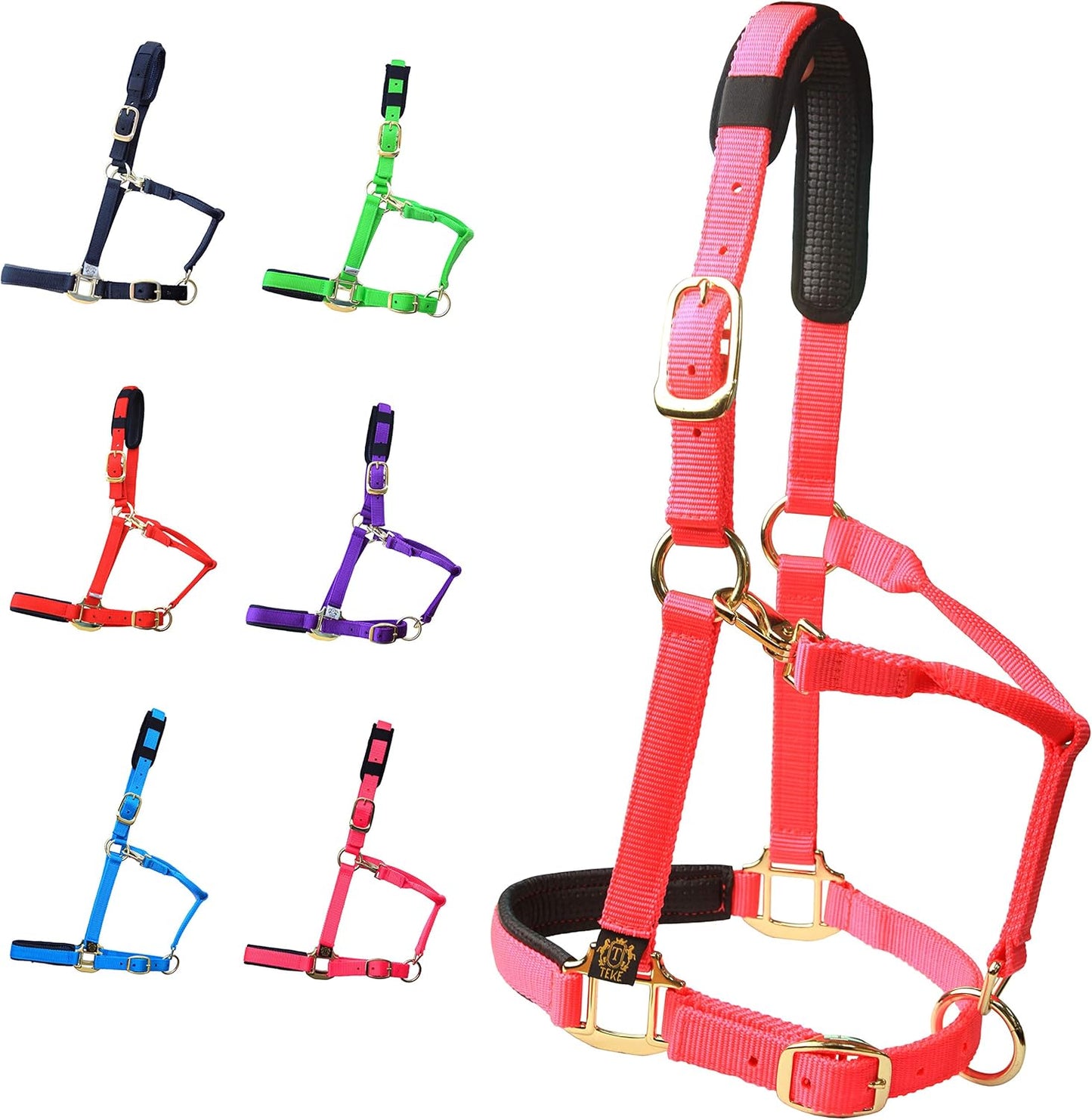 T TEKE Adjustable Horse Halters by Heavy Duty Soft Nylon, Padded with Anti-rubbing Waffle Neoprene on Both Crown & Nose