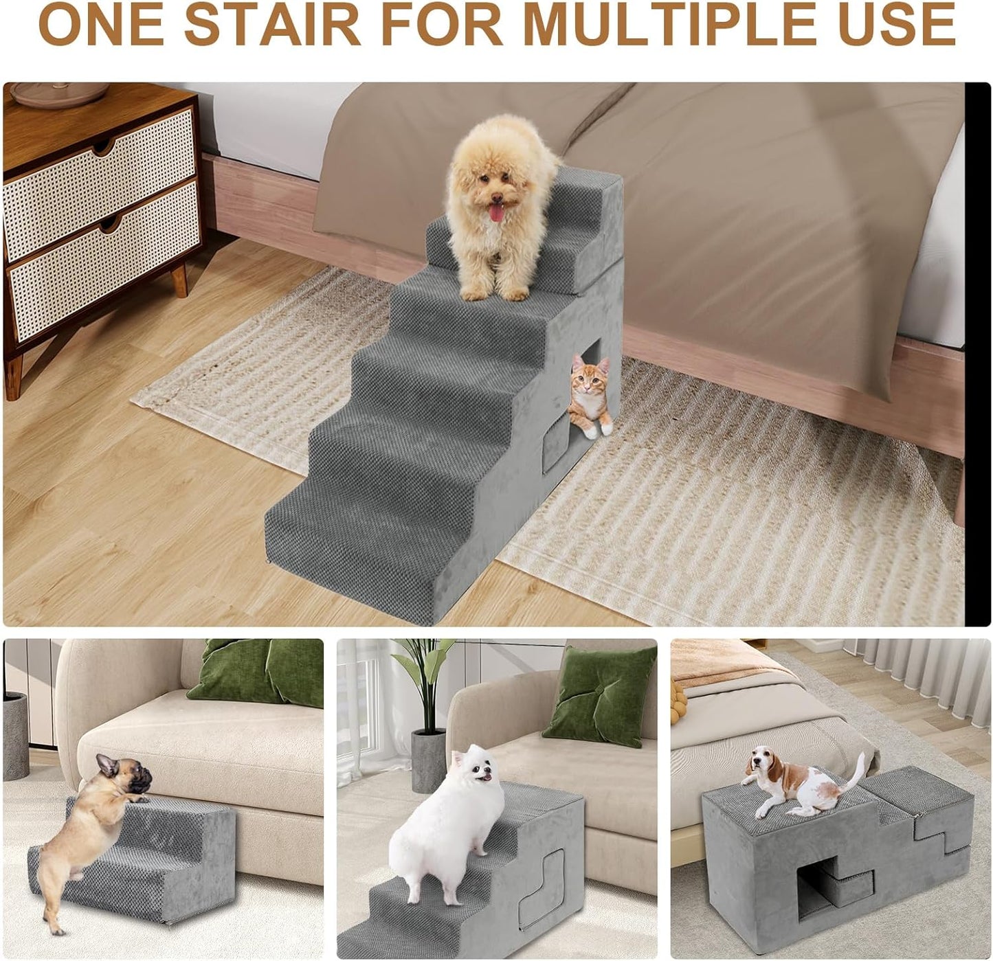 Dog Stairs for Small Dogs 27”H, 6-Step Dog Steps for High Bed, High-Density Foam Pet Stairs with Non-Slip Removable Washable Cover to Get on Bed(Grey)
