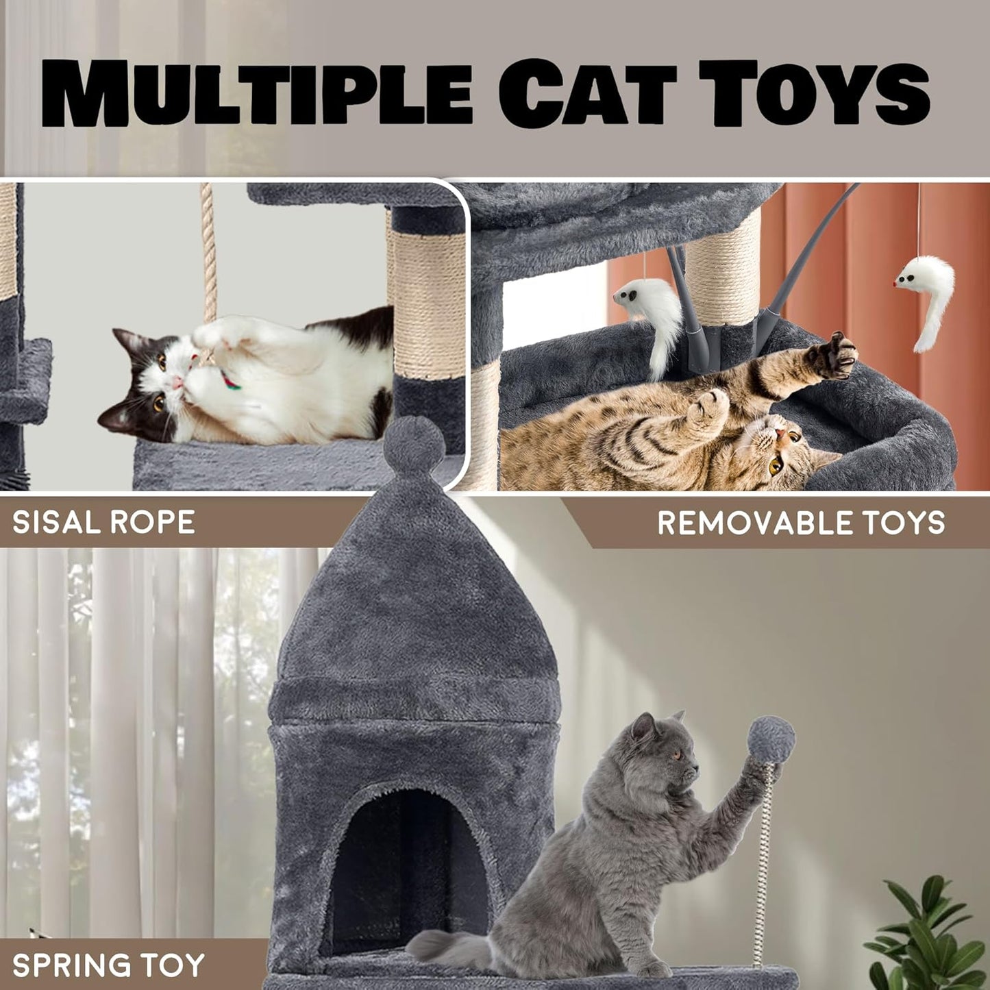 Large Cat Tree Tower for Large Cats, Cat Scratching Post, Self Grooming Post, Interactive Cat Toys, Oversized Perch and Basket, Heavy Duty 72", Dark Grey