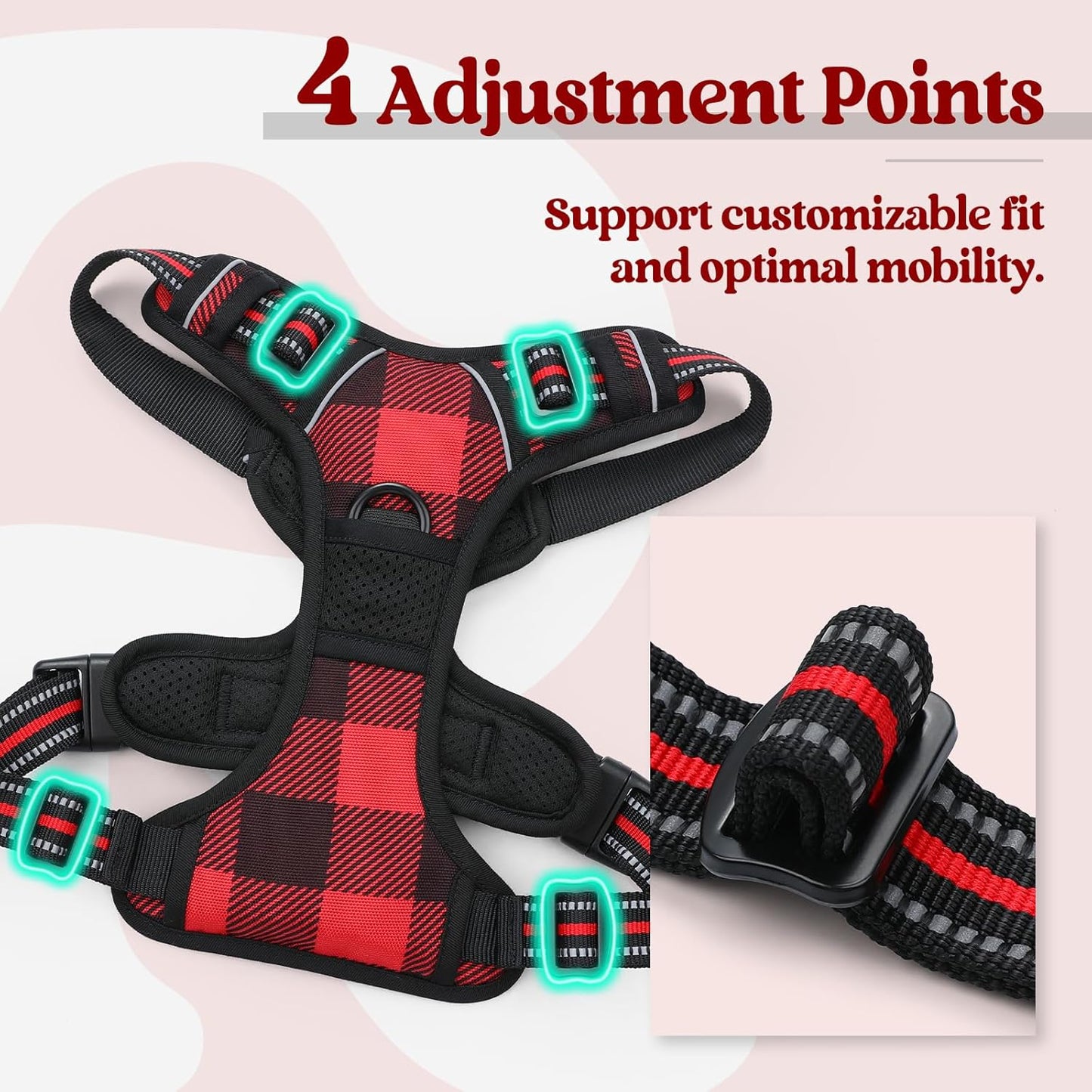 rabbitgoo Dog Harness No Pull with 2 Leash Clips, Adjustable Soft Padded, Reflective Oxford No Choke Pet Vest with Easy Control Handle for Small Dogs, Red Plaid, S