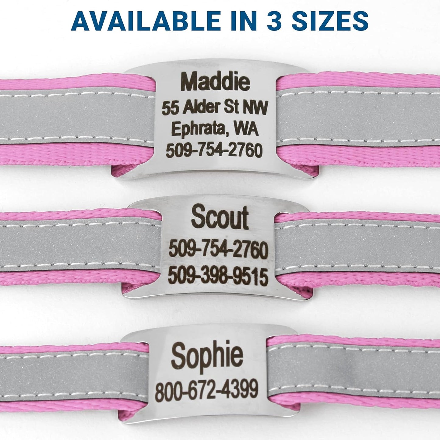 GoTags Reflective Personalized Dog Collar with Nameplate, Adjustable Dog Collar with Custom Engraved Steel Slide On Pet ID Tag, Silent, No Noise Dog Tag for Large Medium or Small (Pink, Medium)