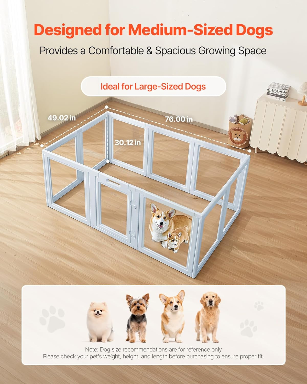 VEVOR Clear Acrylic Dog Playpen Indoor, 76x49x30 in Plastic Pet Playen for Large Sized Dogs, Easy Assemble Waterproof Puppy Playpen, Easy to Clean, Durable Indoor Pet Dogs Cats Fence Kit