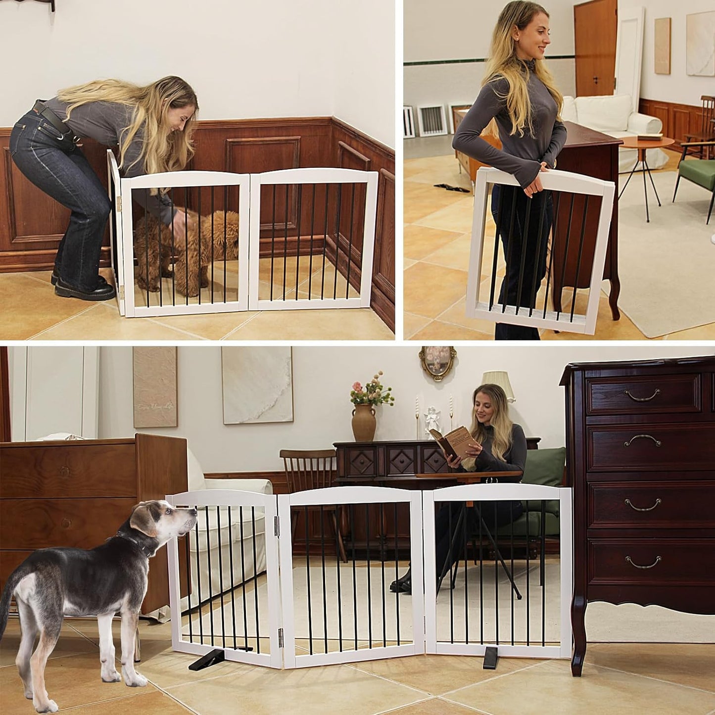 Foldable Wooden Freestanding Dog Gate - 32" H, 3 Panels, Stairs/Doorways, Support Feet Included, White