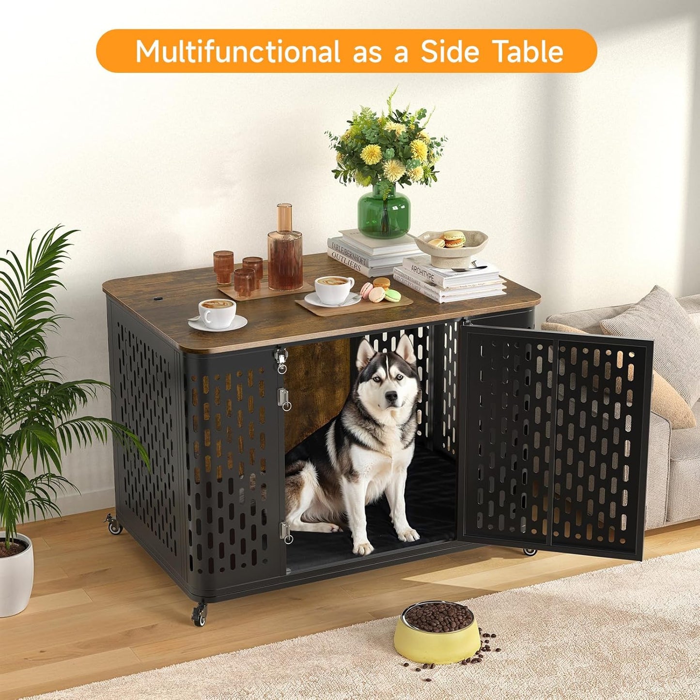 ONBRILL Heavy Duty Dog Crate Furniture for Large and Medium Dogs, 43.7 Inch Large Dog Crate Kennel with Flip Top & Cushion & Wheels, Escape Proof Pet Cage,Wooden Cage Kennel Furniture Indoor