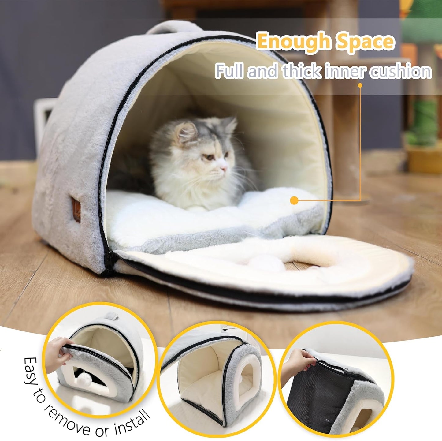 Cat Bed for Indoor Cats，Foldable cat cave，Anti-Slip & Water-Resistant Bottom，cat Houses for Indoor Cats or Small Dogs, Kitten Tent, Rabbit Bed，2 in 1 pet Bed (Grey)