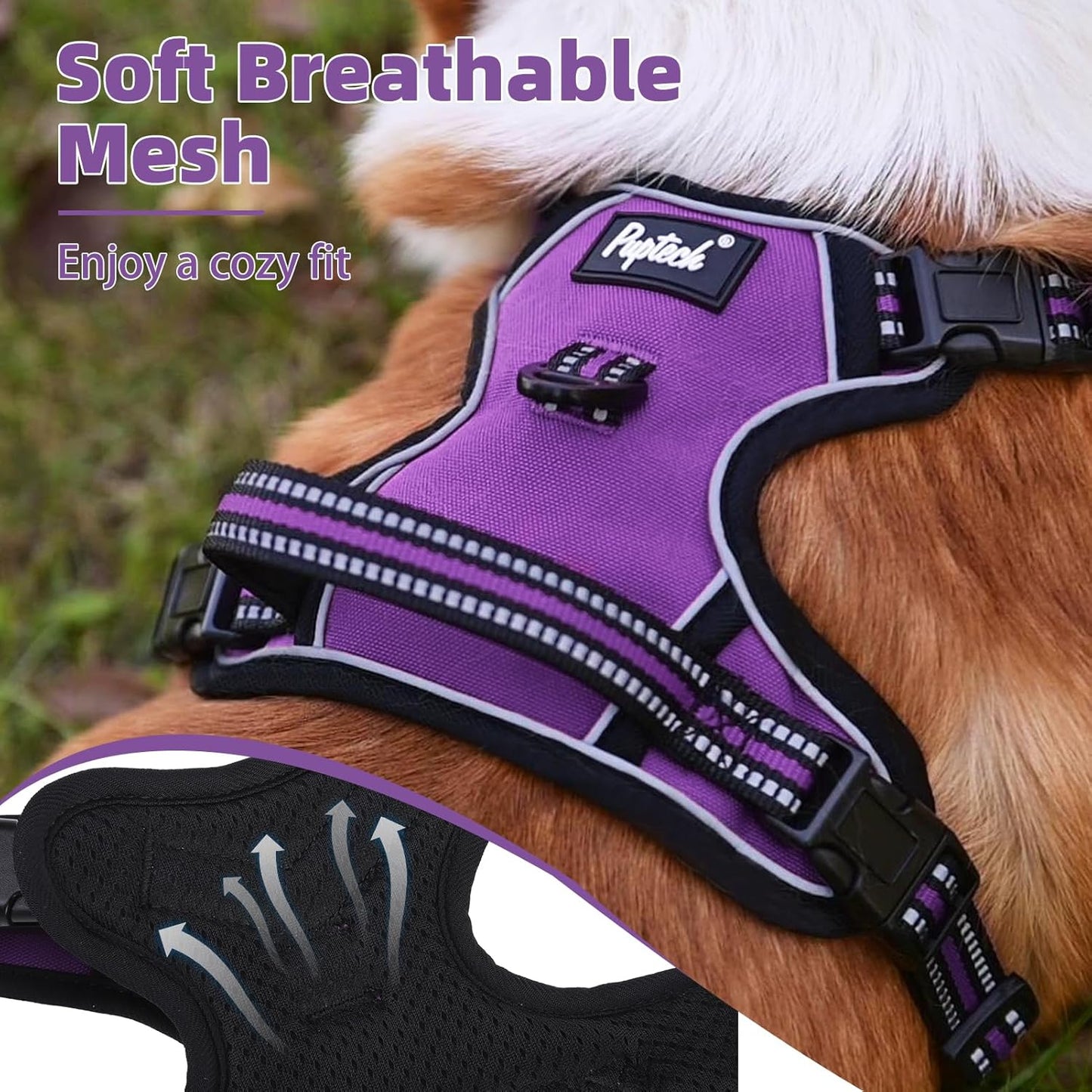 PUPTECK No Pull Dog Harness Medium Sized, Adjustable Reflective Dog Harness with Handle Easy Control, Comfortable Soft Padded Pet Vest Harness for Medium Dogs, Solid Purple M
