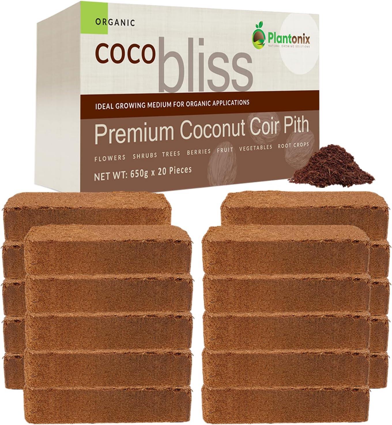 Coco Bliss Coco Coir Bricks (20-Pack, 650gm Bricks) - Organic Coco Coir for Plants - OMRI-Listed Coconut Coir for Plants - Coconut Coir Bricks - Coco Peat for Plants, Garden Soil, & Organic Mulch