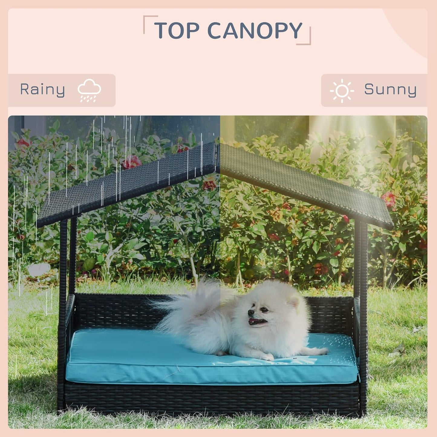 PawHut Wicker Dog House Outdoor with Canopy, Rattan Dog Bed with Water-Resistant Cushion, Raised Dog Bed for Small, Medium Dogs up to 66 lbs, 19.75" in Length, Brown Wicker, Blue Cushion