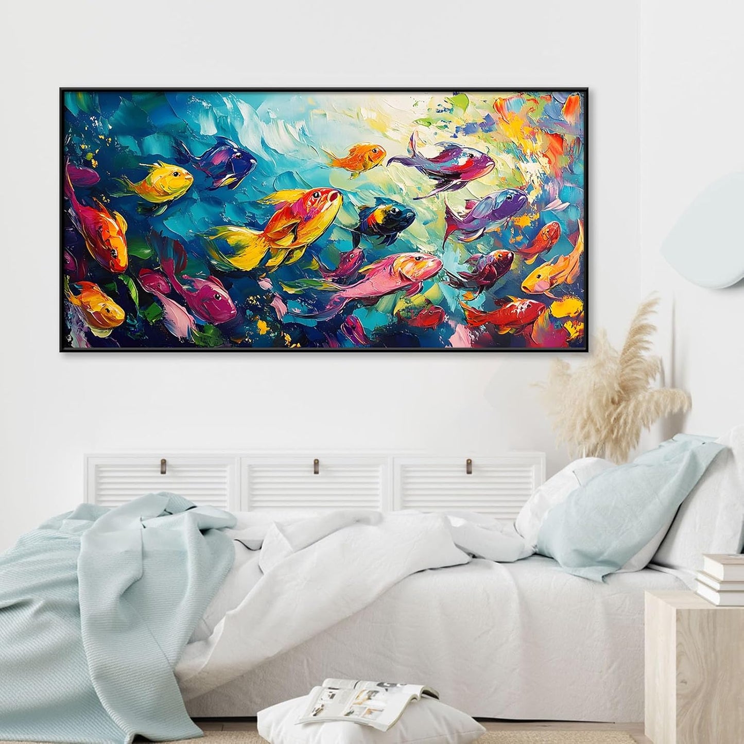 School of Fish Printed Canvas Wall Art – Framed Abstract Ocean Print – Vibrant Fish Wall Decor for Living Room, Bedroom, Office (Black Framed, 47"x23"|120x60cm)