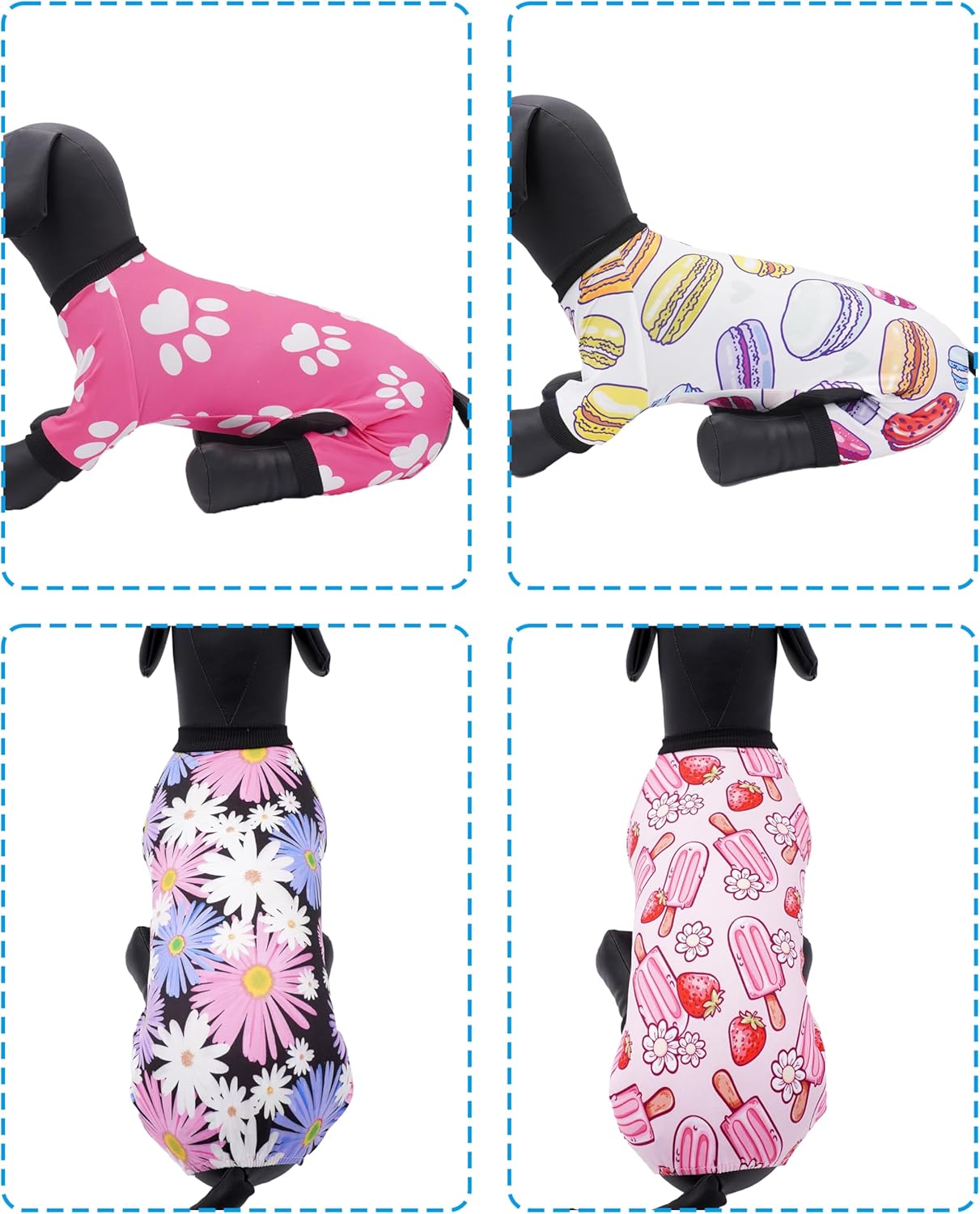 PET SHOW 4 Pack Dog Pajamas for Medium Large Dogs Girl Soft Stretchy PJs Paw Floral Jumpsuit Dog Doughnut Ice Cream Onesies Outfits with Sleeve Pets Breathable Summer Clothes Costume XXL