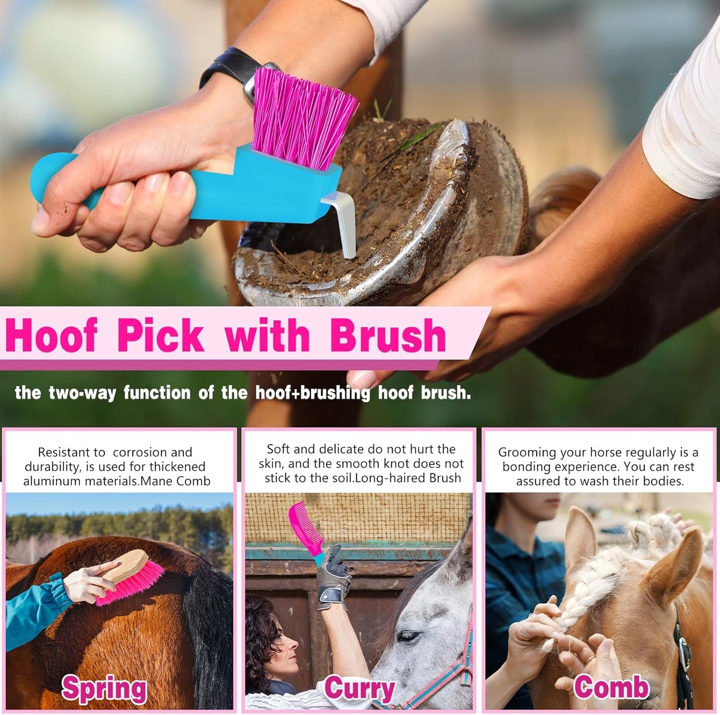 Abbylike 12 Pieces Horse Grooming Kit Racing Festival Tack Room Supplies Horse Brush Sets Equine Care Cleaning Kit Shedding Grooming Massaging Tools(Rose Red)