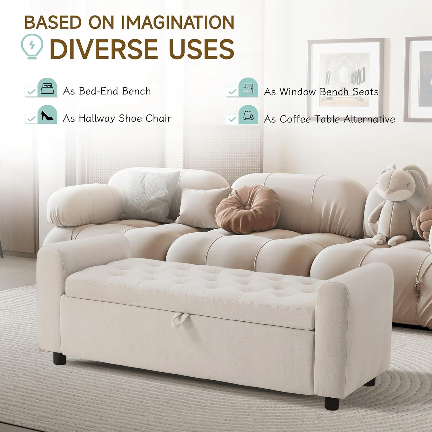 Ottoman with Storage, Tufted Storage Bench for Bedroom, 48" Fabrics End of Bed Bench, Upholstered Entryway Shoe Benches with Rolled Arm & Inner Zipper, Window Ottomans Chest without Rivets, Beige