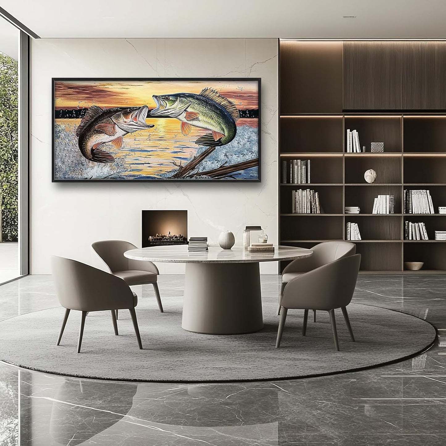 Large Fish Wall Art for Living Room, Framed Bass Fishing Wall Decor, Oversized Rustic Sunset Lake Canvas Painting Fish Pictures Modern Artwork Home Decoration for Living Room Bedroom Office 60"x30"