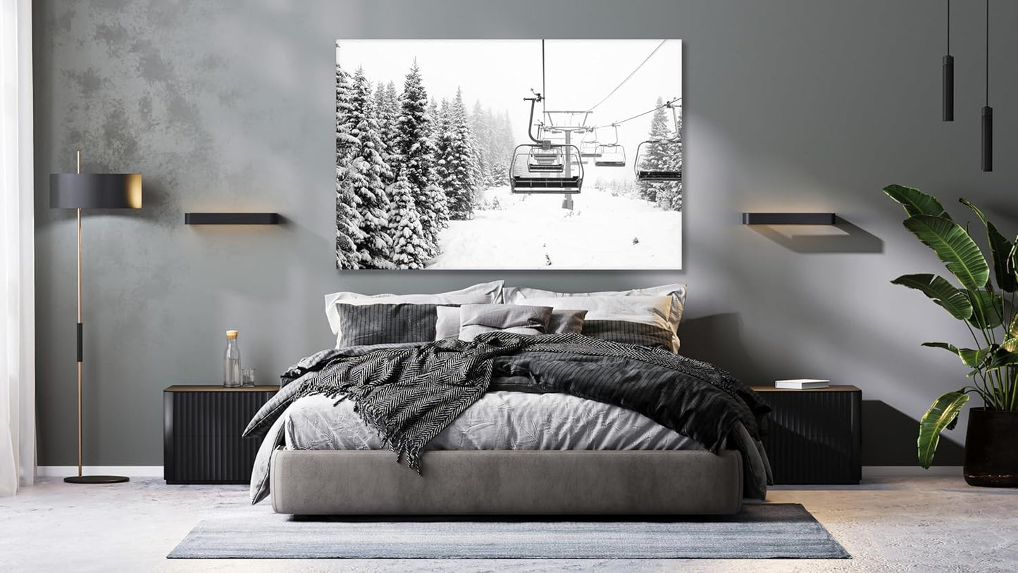 Nature Wall Art Prints - Ocean Forest Mountain Lake Canvas Landscapes - Small to Extra Large Living Room Bedroom Kitchen Bathroom Décor (Ski Lift on Snowy Mountain, 24L" x 36W")
