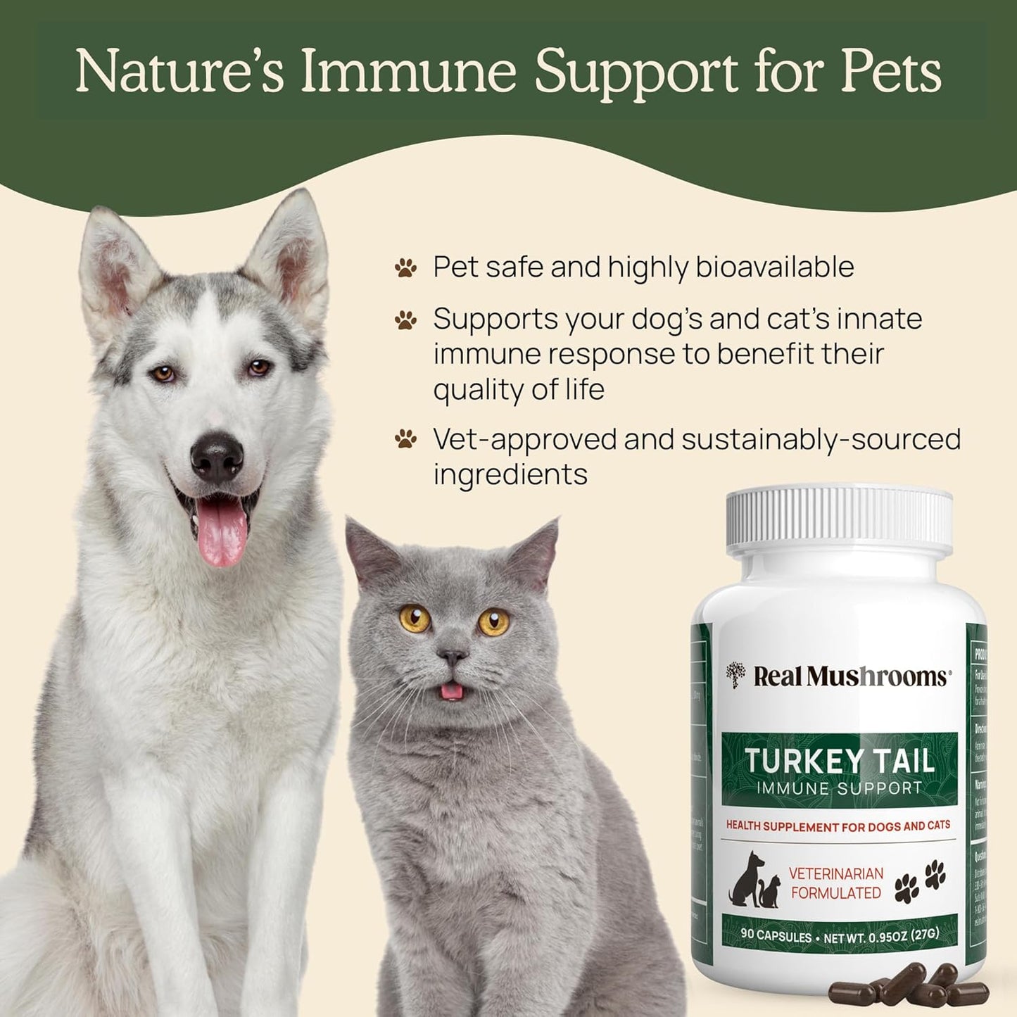 Real Mushrooms Turkey Tail Capsules for Pets –Cat Probiotics & Dog Vitamins – Organic Mushroom Supplement for Dogs & Cats – Supports Daily Balance & Well-Being Non-GMO, 90 ct