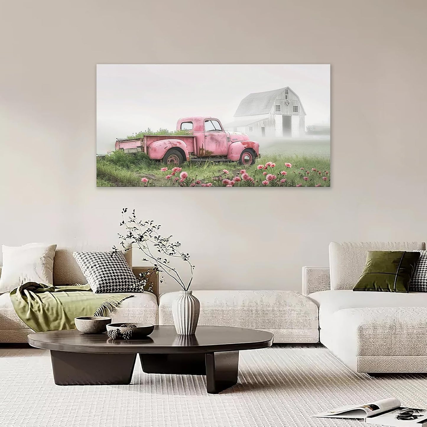 Large Rustic Farmhouse Pink Truck Wall Art for Living Room Country Barn Art Big Space Size Bedroom Office Framed Canvas Prints Pictures Painting Artwork Office Bedroom Home Decor 60"x30"