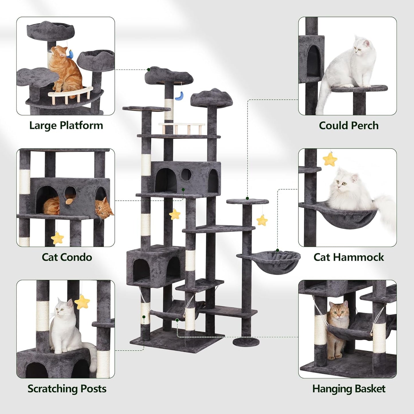 85in Giant Cat Tree for Heavy Duty Big Cats, Large Cat Trees with Scratching Post, Cat Tree Tower with Cat Condos, Hammock & Plush Perch for Maine Coon, Smoky Gray