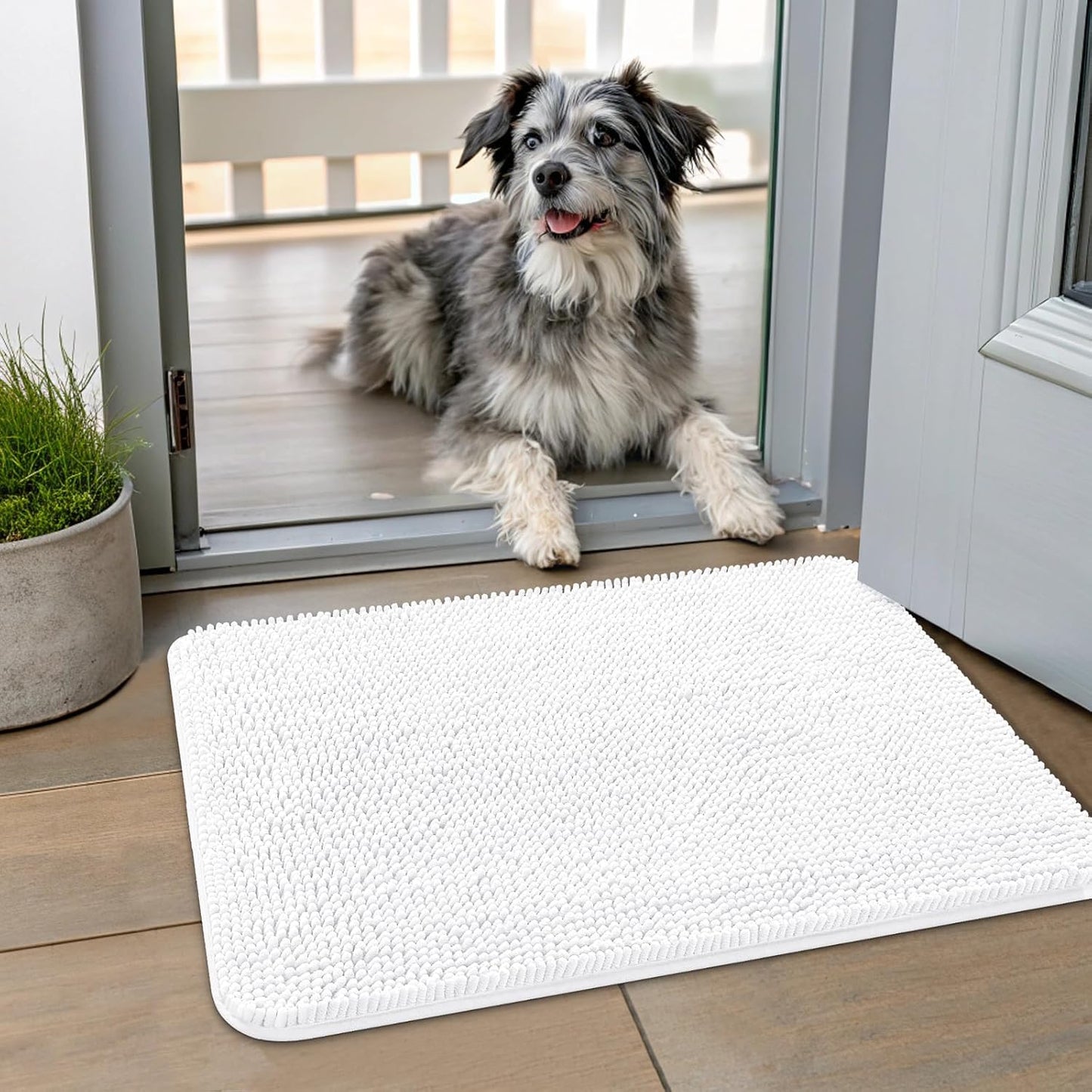 Smiry Dog Door Mat for Muddy Paws 24x16, Absorbs Moisture and Dirt Doormat, Non-Slip Washable Quick Dry Chenille Front Door Mat Indoor Entrance, Entryway Carpet for Inside Floor, White