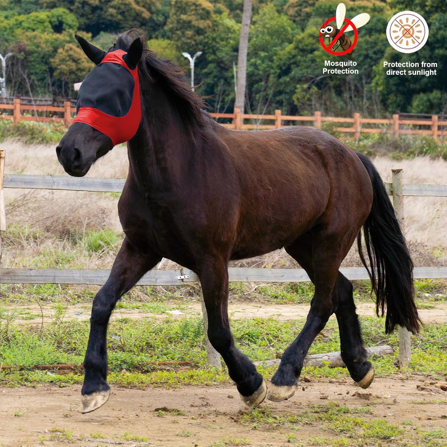 2 Piece Horse Fly Mask with Ears, Comfortable Fit Stretch Fabric Big Eye Space Soft Breathable with UV Protection for Full Horses (Red-Blue)