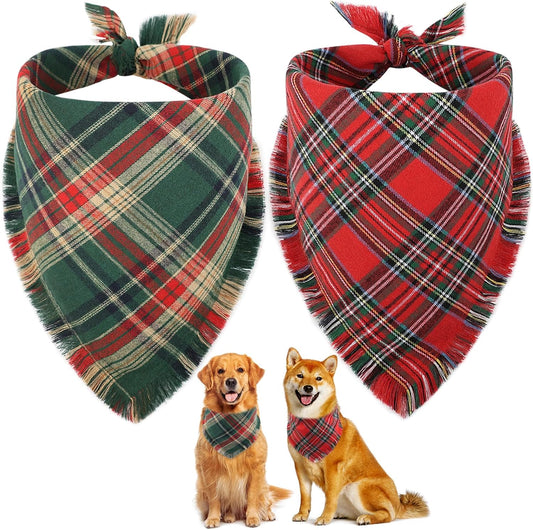 Vivifying Dog Christmas Bandana with Tassels Edges, 2 Pack Classic Plaid Triangle Pet Apparel & Accessories, Funny Holiday Dog Scarf Costume for Photo Prop, and Party Decor (X-Large, Red&Green)