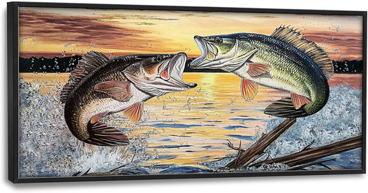 Large Fish Wall Art for Living Room, Framed Bass Fishing Wall Decor, Oversized Rustic Sunset Lake Canvas Painting Fish Pictures Modern Artwork Home Decoration for Living Room Bedroom Office 60"x30"