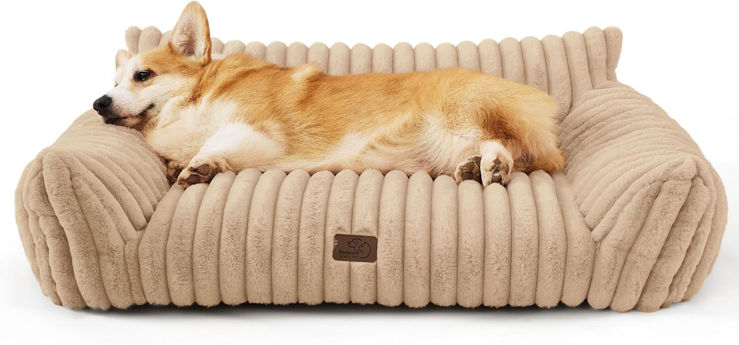 Bedsure Cute Dog Couch for Pets - Fluffy Dog Sofa with Premium Soft Corduroy Fleece, Pet Couch Bed with Washable Cover, Supportive Pet Sofa Bed for Medium Large Dogs, 36inch, Tuscan Beige