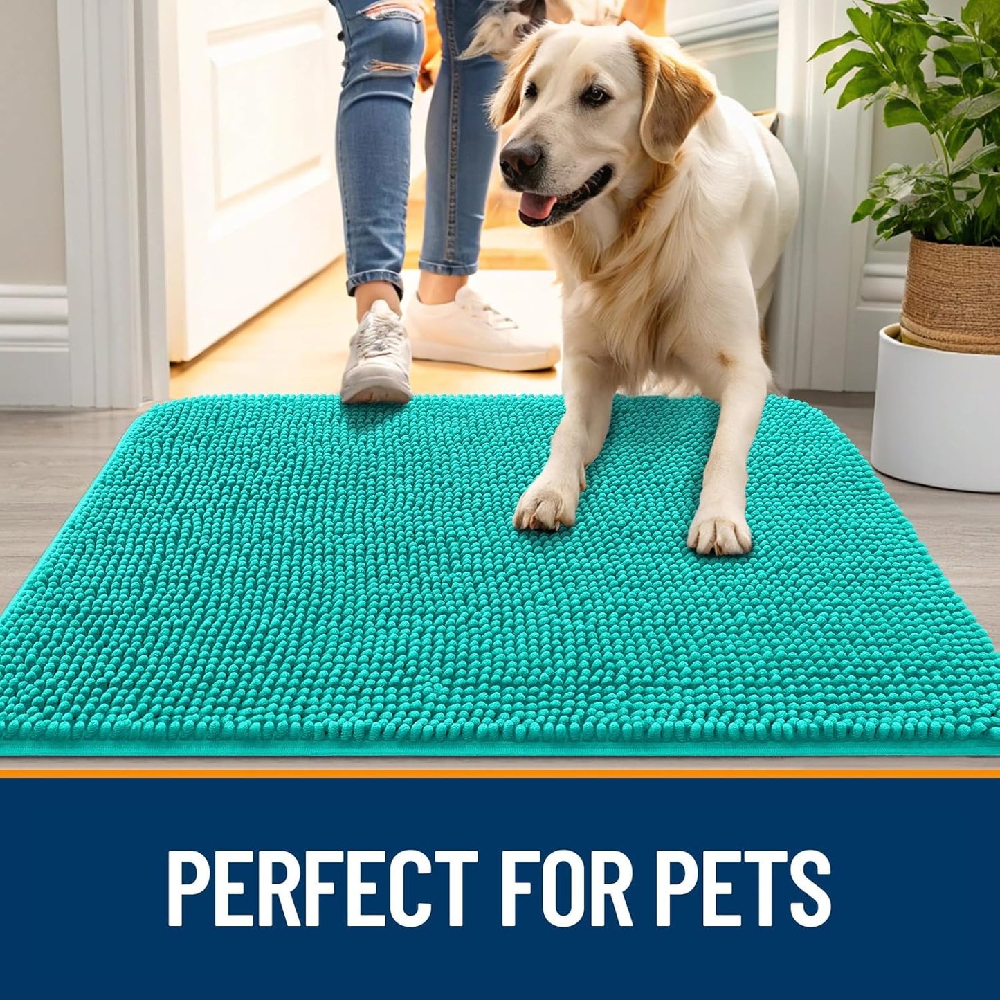 OLANLY Dog Door Mat for Muddy Paws 59x35, Absorbs Moisture and Dirt, Absorbent Non-Slip Washable Doormat, Quick Dry Chenille Mud Mat for Dogs, Entry Indoor Entryway Carpet for Inside Floor, Teal