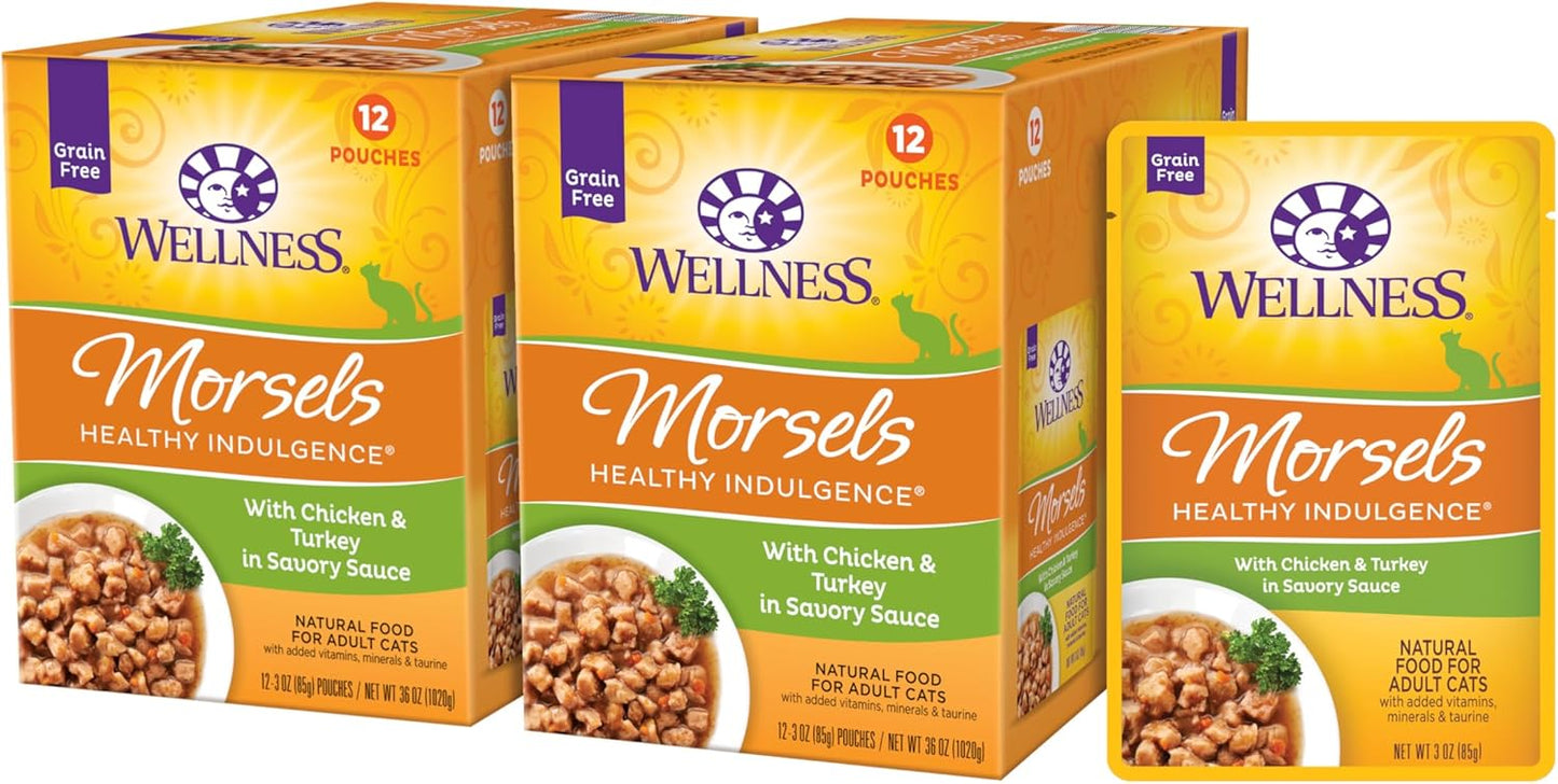 Wellness Healthly Indulgence Morsels Adult Wet Cat Food, Natural, Protein-Rich, Grain Free, 3 Ounce Pouch, 24 Pack, (Chicken & Turkey)