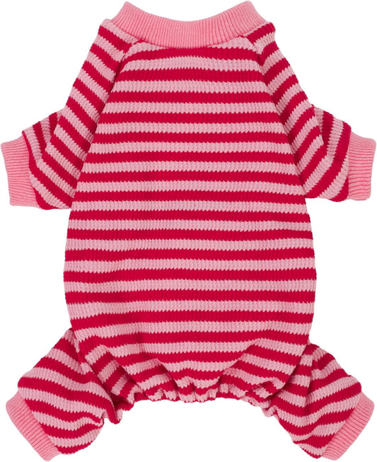 Fitwarm Pink and Red Striped Dog Pajamas, Waffle Dog Clothes for Small Dogs Girl Boy, Puppy Onesie with Feet, Pet Cat Outfit, XXL