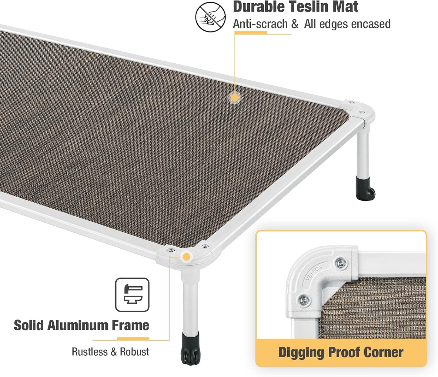 Veehoo Chew Proof Elevated Dog Bed - Cooling Raised Pet Cot - Silver Aluminum Frame and Durable Textilene Mesh Fabric, Unique Designed No-Slip Feet for Indoor or Outdoor Use, Brown, Medium, CWC2003