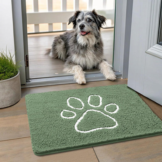 Smiry Dog Door Mat for Muddy Paws, Absorbent Dirt Trapper Non Slip Quick Dry Washable Chenille Mat for Mud Dogs, Entry Rug for Indoor and Outdoor (24x16 Inches, Olive Green and White)