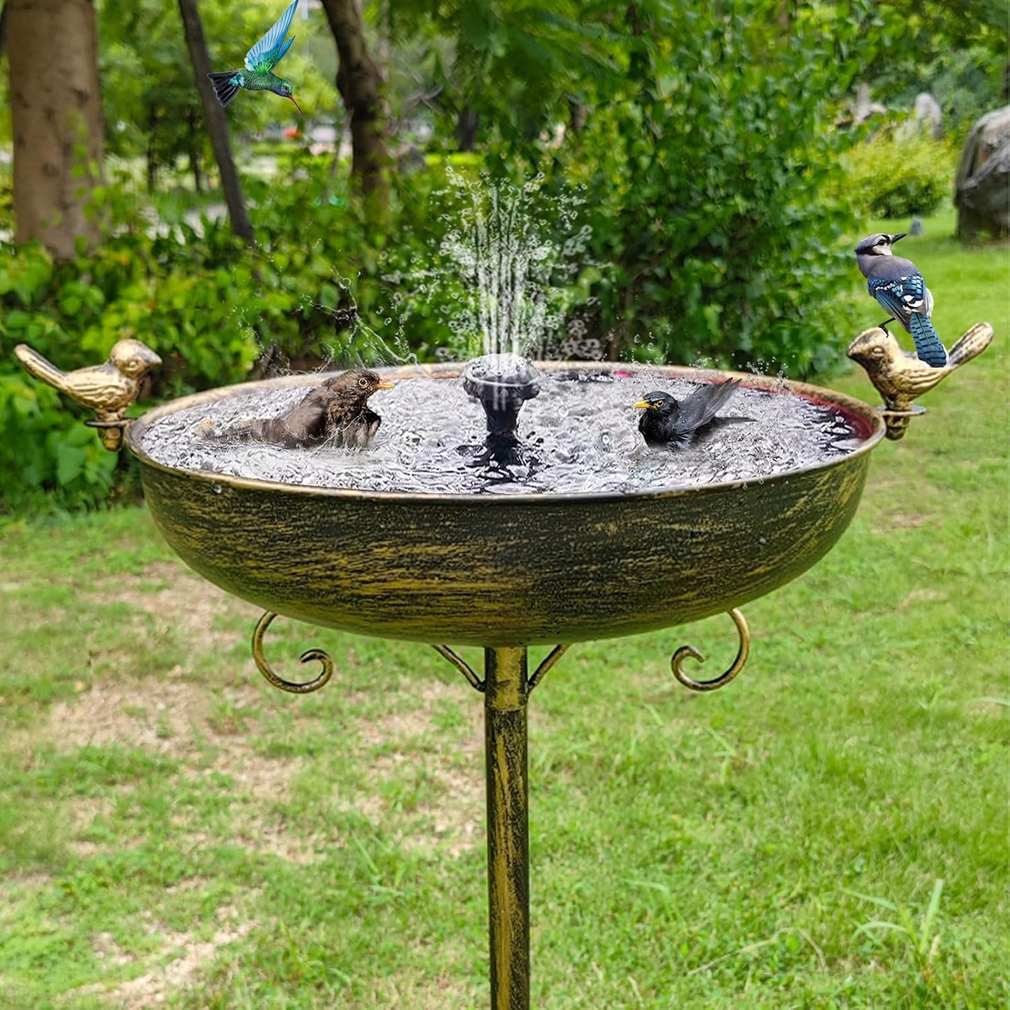 Cast Iron Bird Bath, Bird Baths for Outdoor, Metal Bird Bath with Bird Statues Bird Bath and Bird Feeder Bowl Tray Yard Garden Lawn Outside Decoration