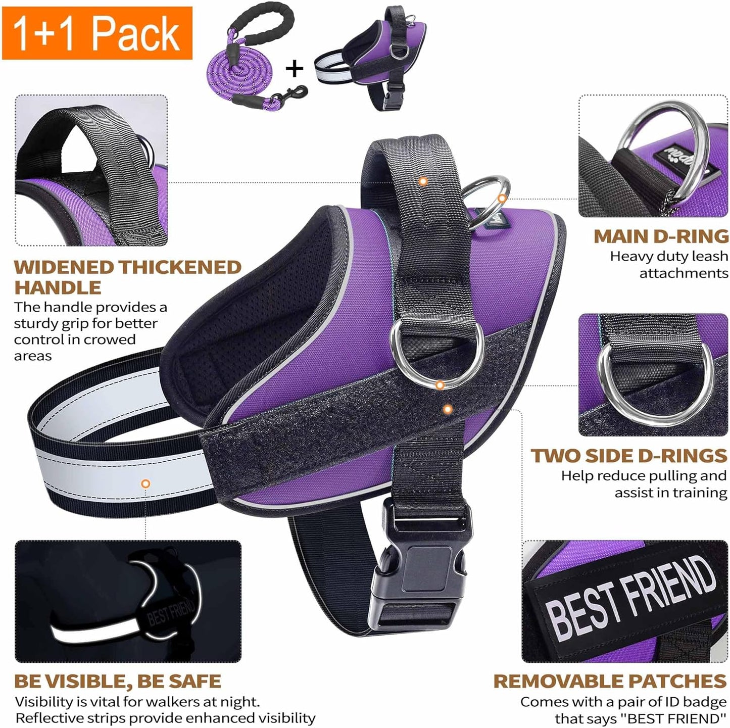 Haapaw Essential Dog Harness, No Pull Pet Vest with 3 Leash Clips, No Choke, Reflective, Adjustable and Padded, for Easy Walking and Training for Small Dogs(S, Purple)