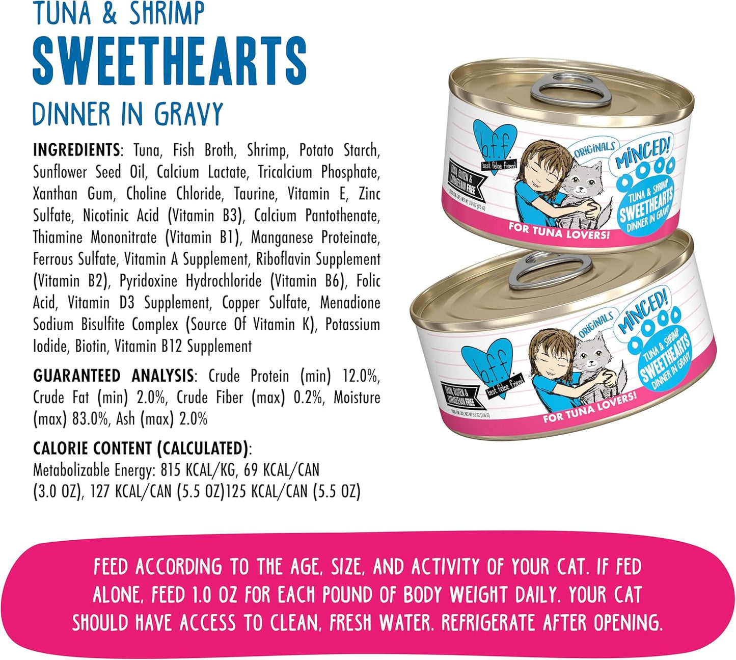 Weruva BFF Minced Natural Wet Cat Food, Tuna and Shrimp Sweethearts in Gravy, 3oz Can, Pack of 24